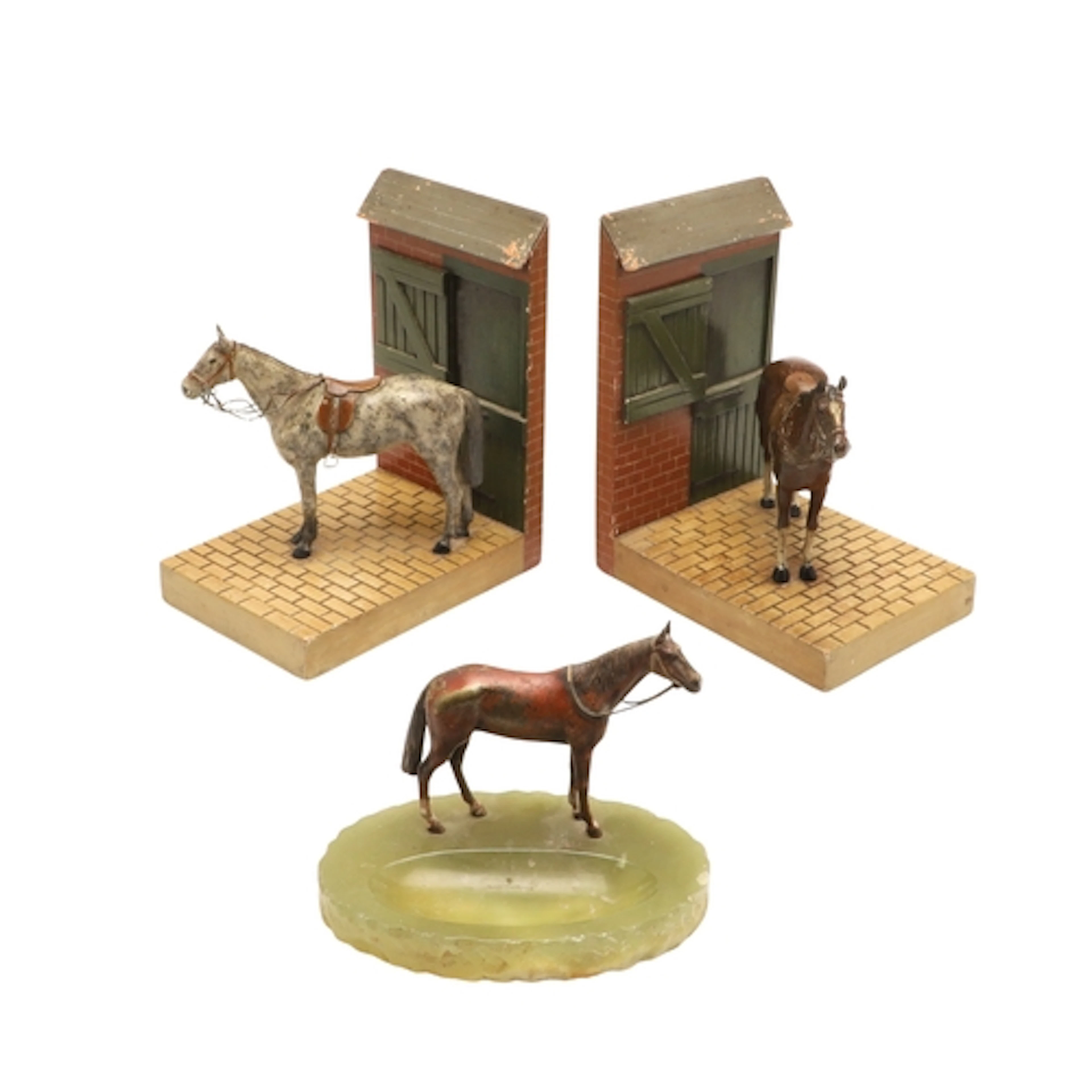 BRONZE COLD PAINTED HORSE DISH & PAIR OF SWAINE & ADENEY HOR...