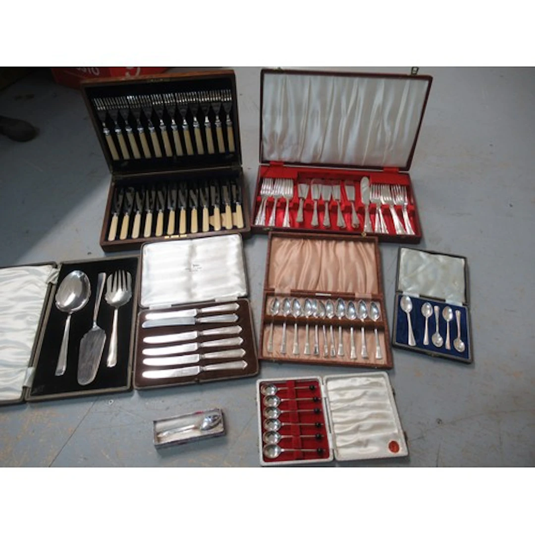 Cased set of plated fish knives and forks, together with a s...
