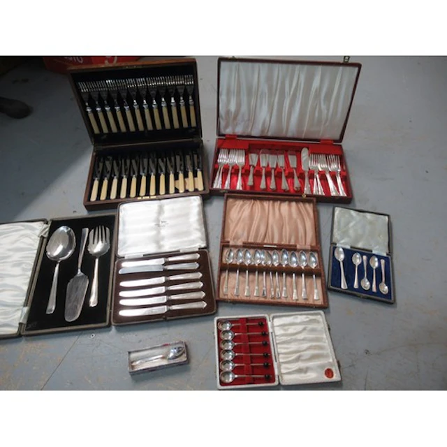 Cased set of plated fish knives and forks, together with a s...