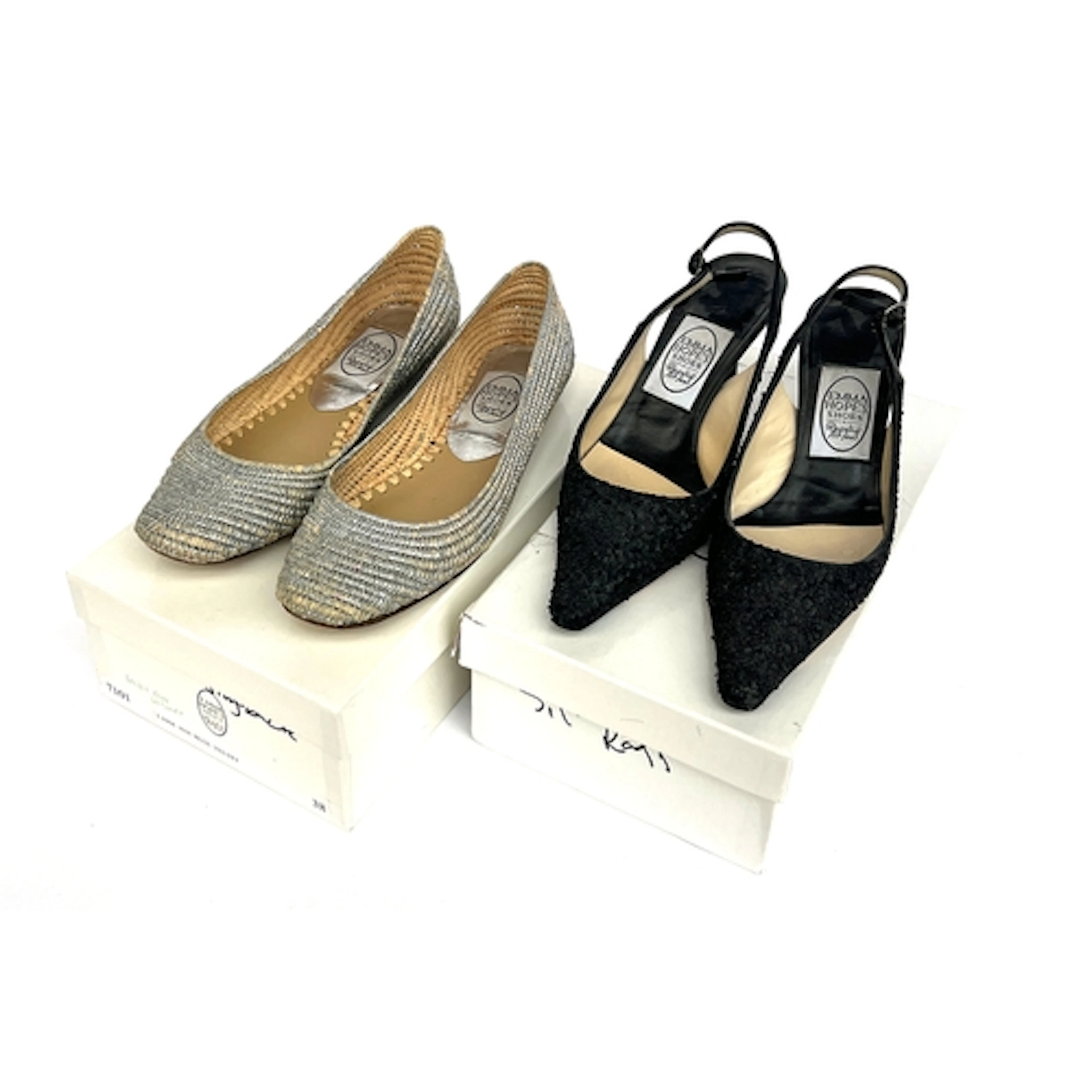 Two pairs of Emma Hope 'Regalia Feet' shoes, silver raffia p...