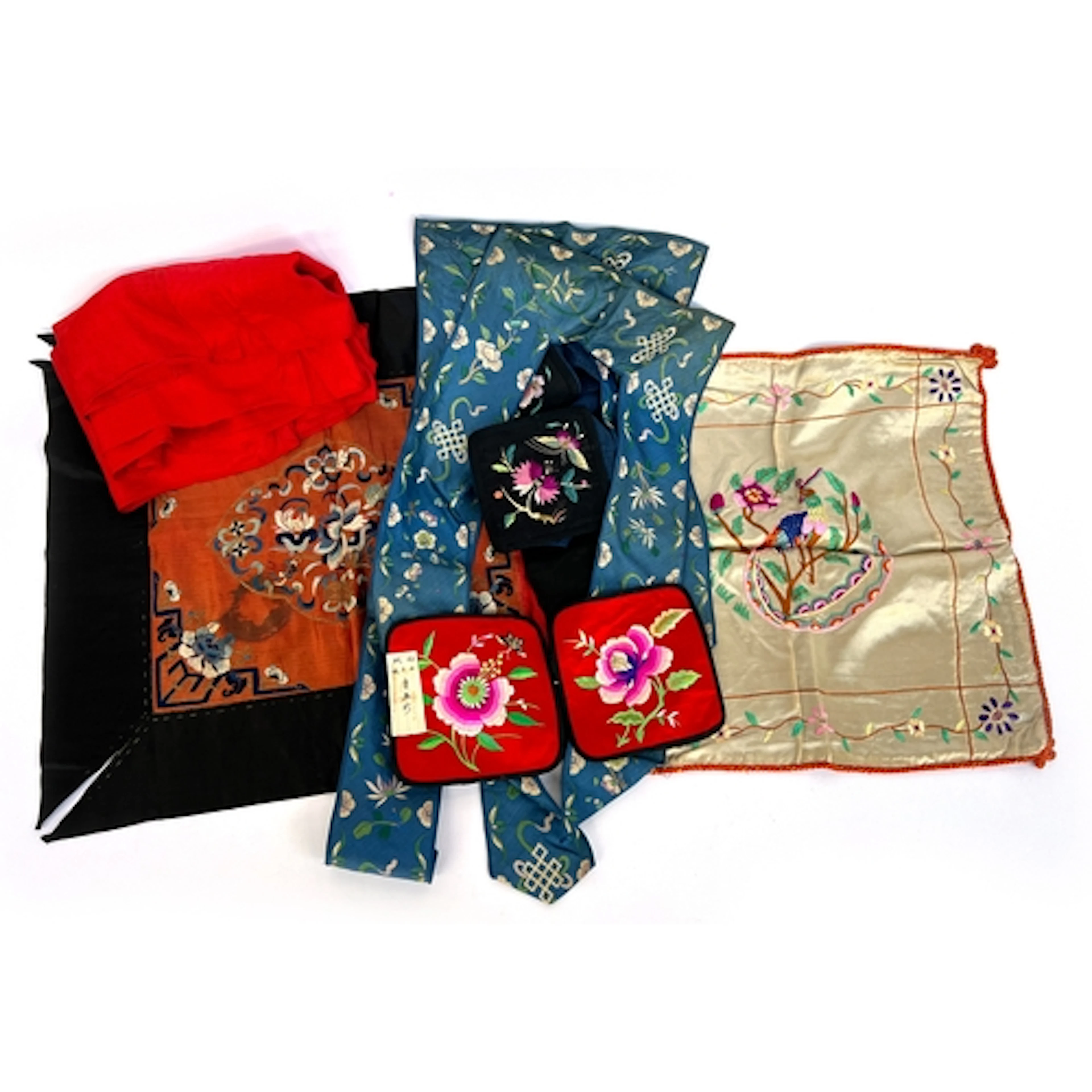 A quantity of antique Chinese silk to include a length of re...