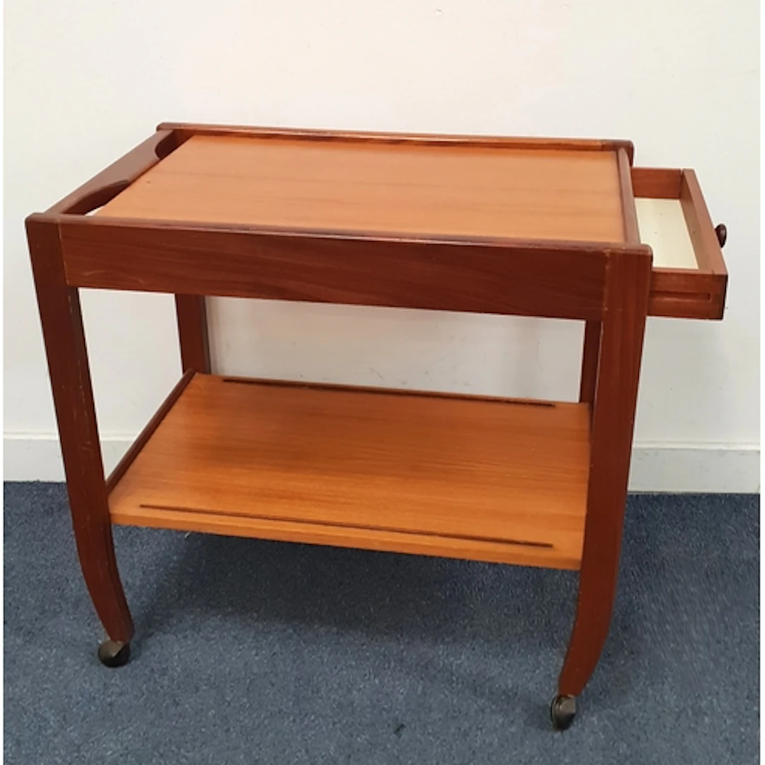 MID CENTURY TEAK TWO-TIER DRINKS TROLLEY the rectangular to...