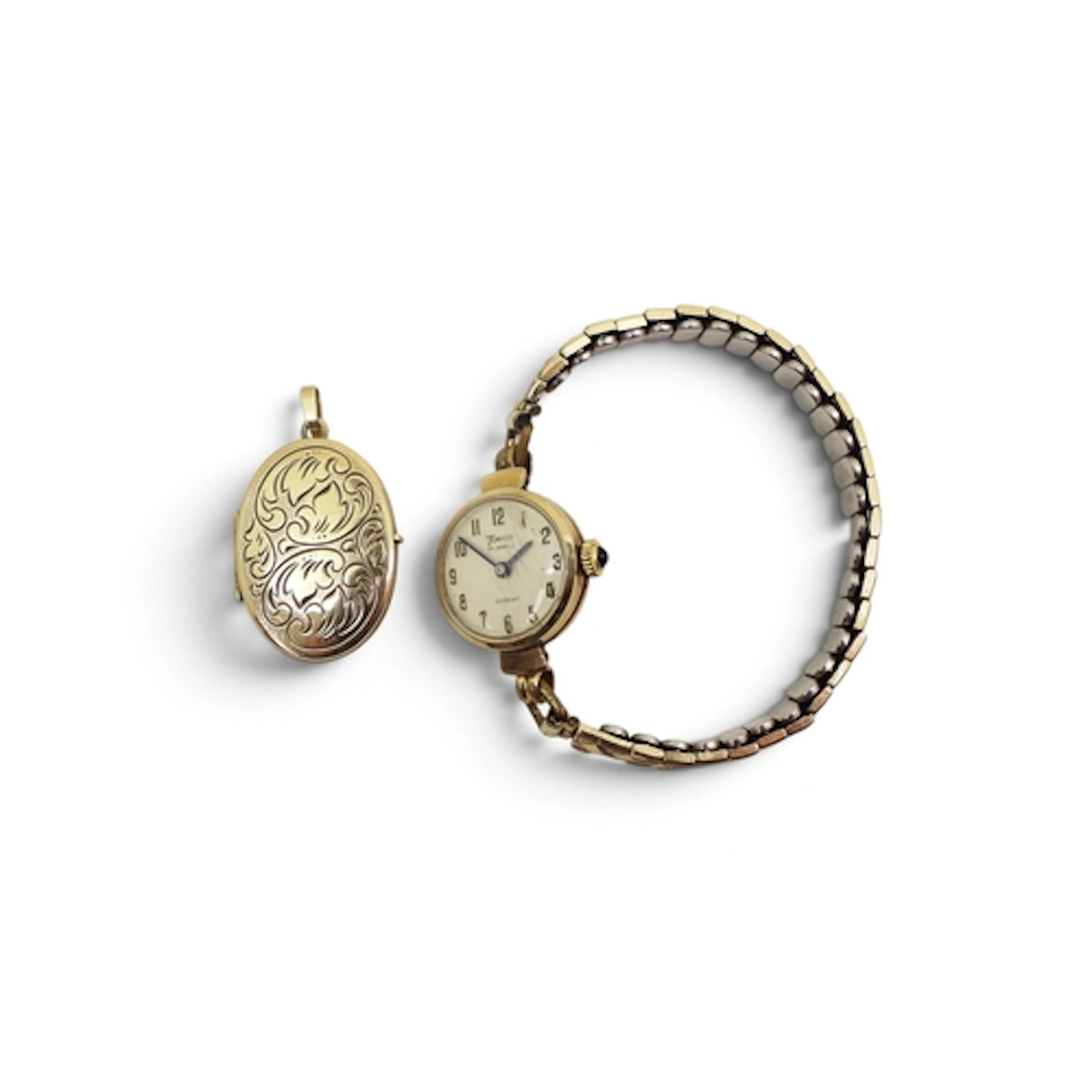 A 9ct gold locket, together with a 9ct gold cased Timor ladi...