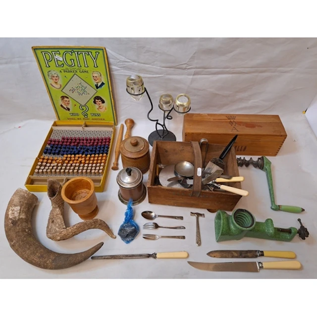 Wooden wine box, 2 horns, metal & glass tea light holder, wo...