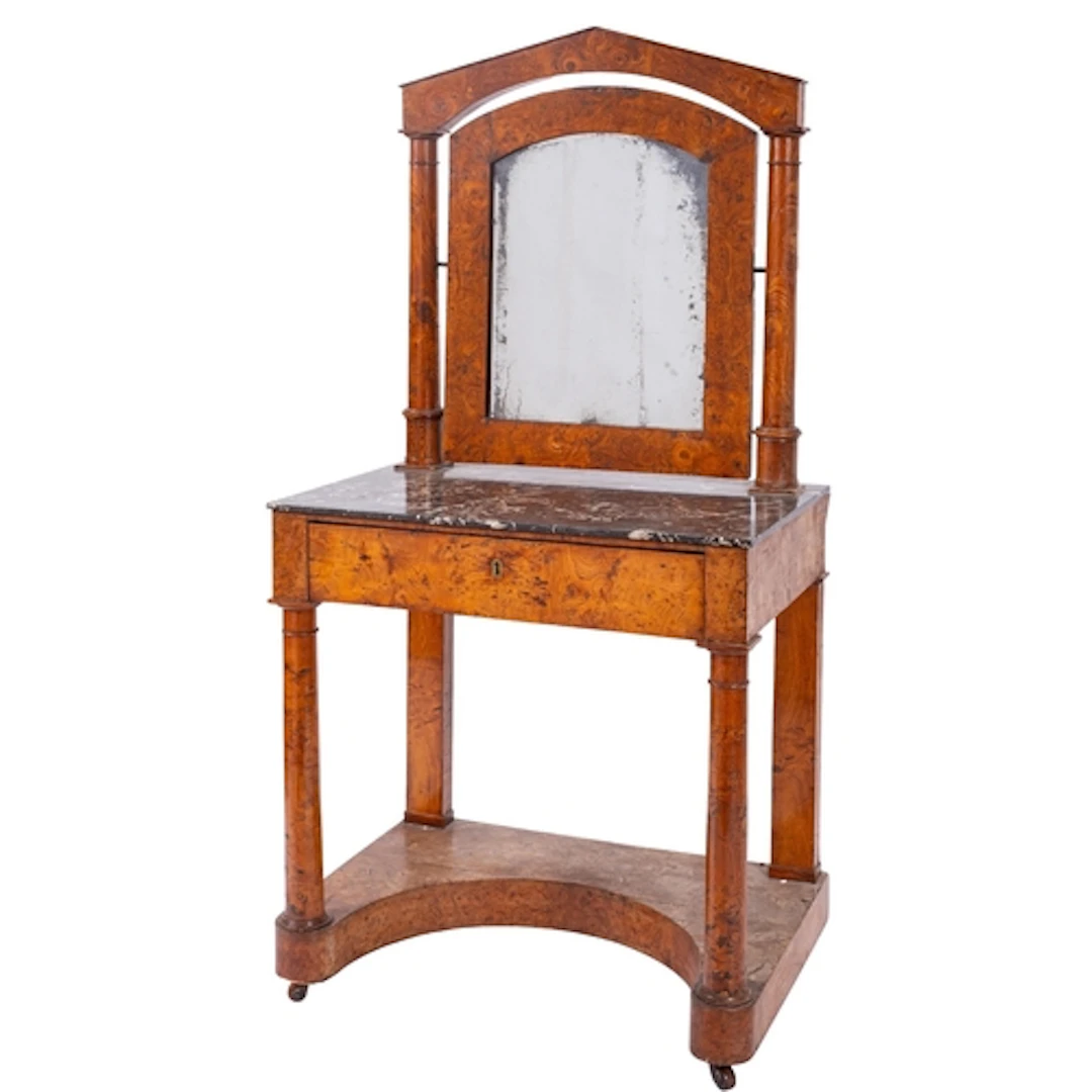 A Restauration burr walnut and marble writing table and wash...