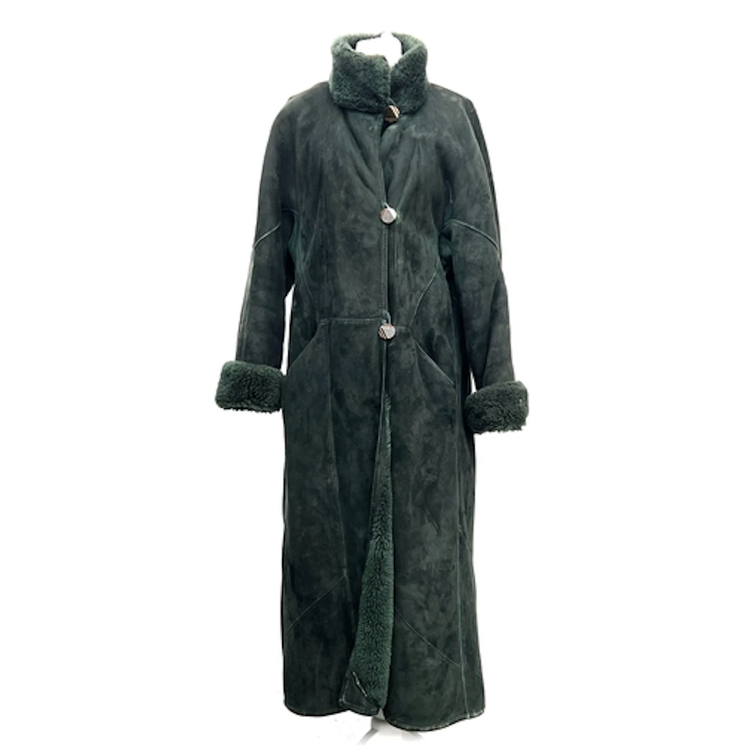 A Searle Blatt green suede sheepskin coat, size S