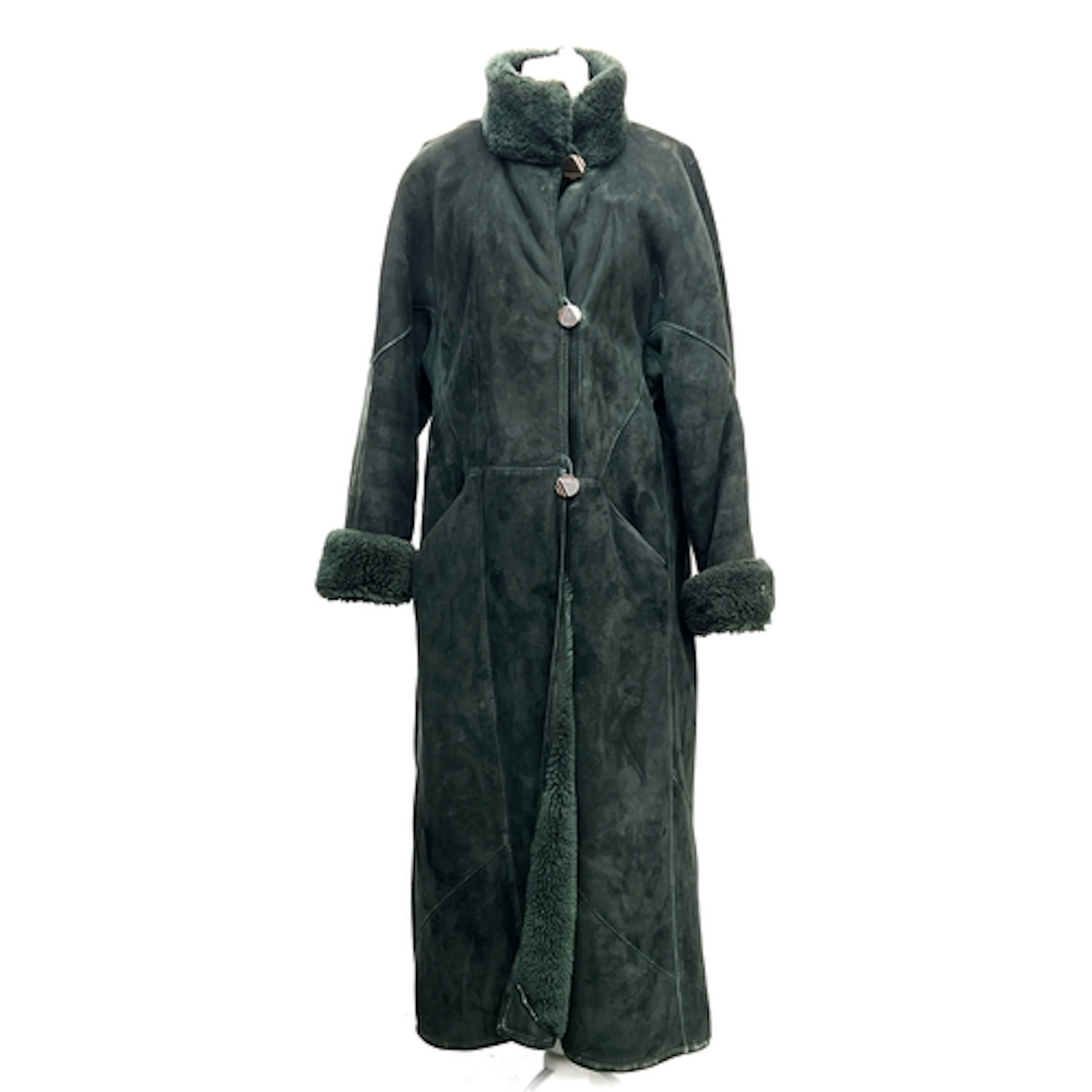 A Searle Blatt green suede sheepskin coat, size S
