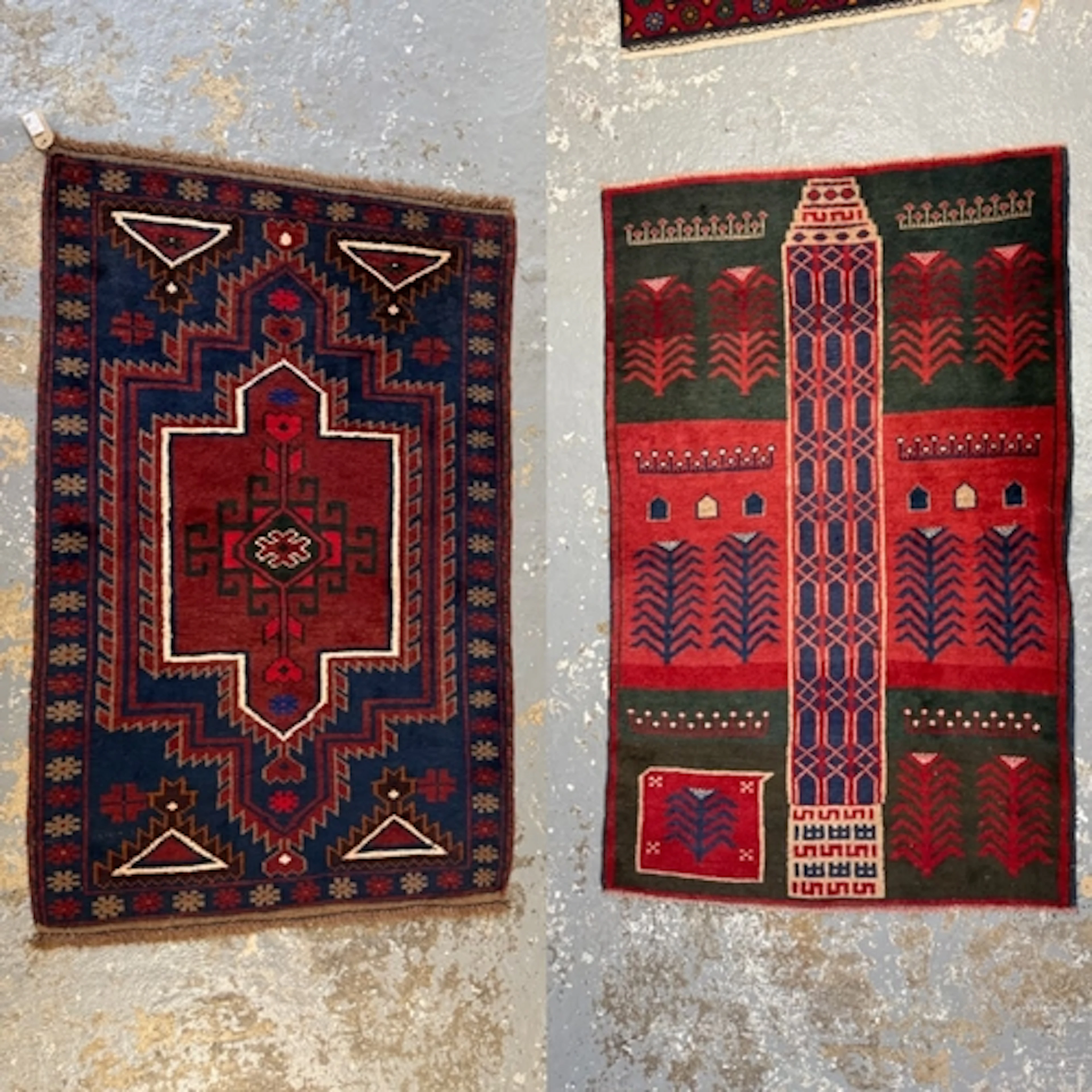 Hand knotted tribal area rug on a navy ground with tradition...