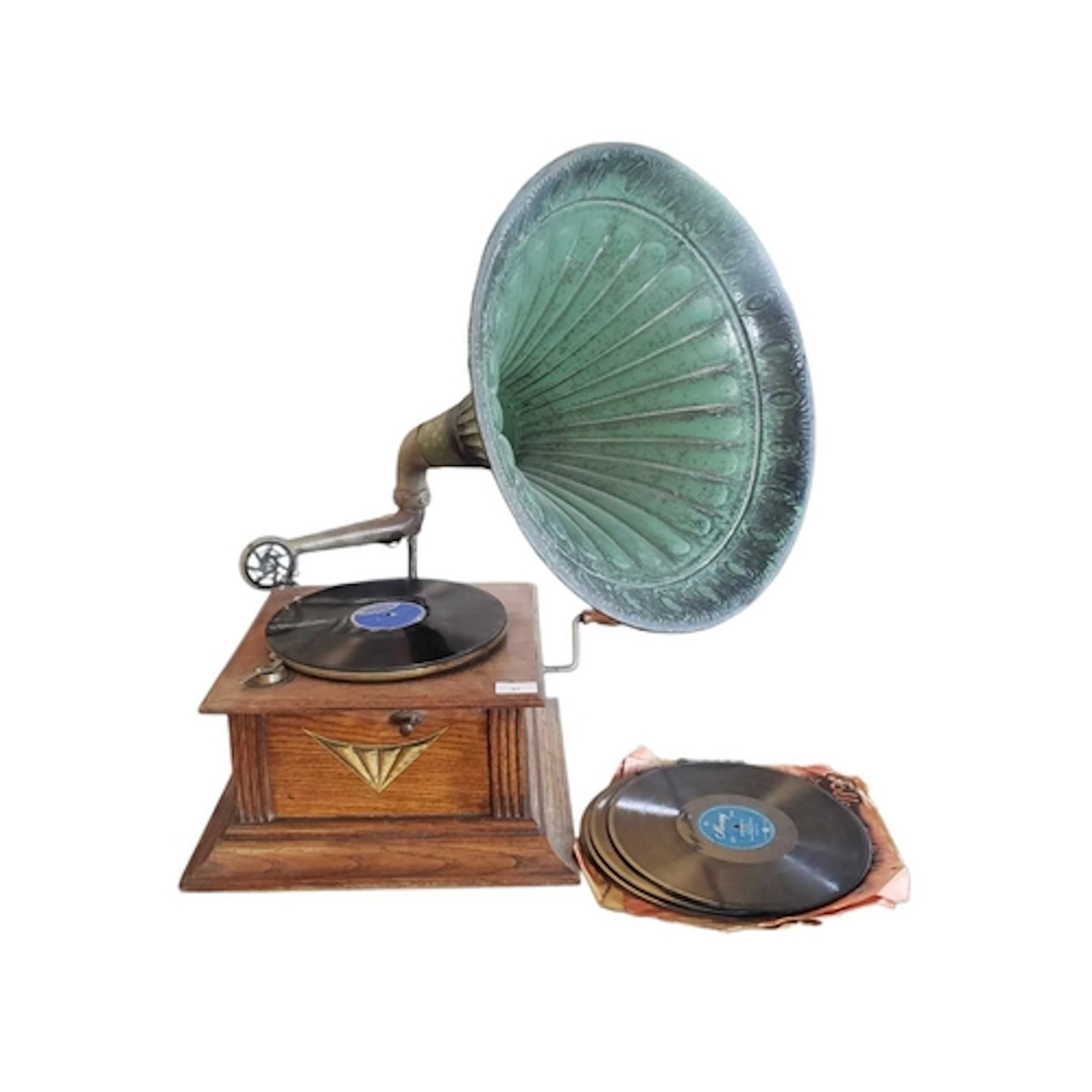 20th century vintage wind-up gramophone. Featuring an oak wo...