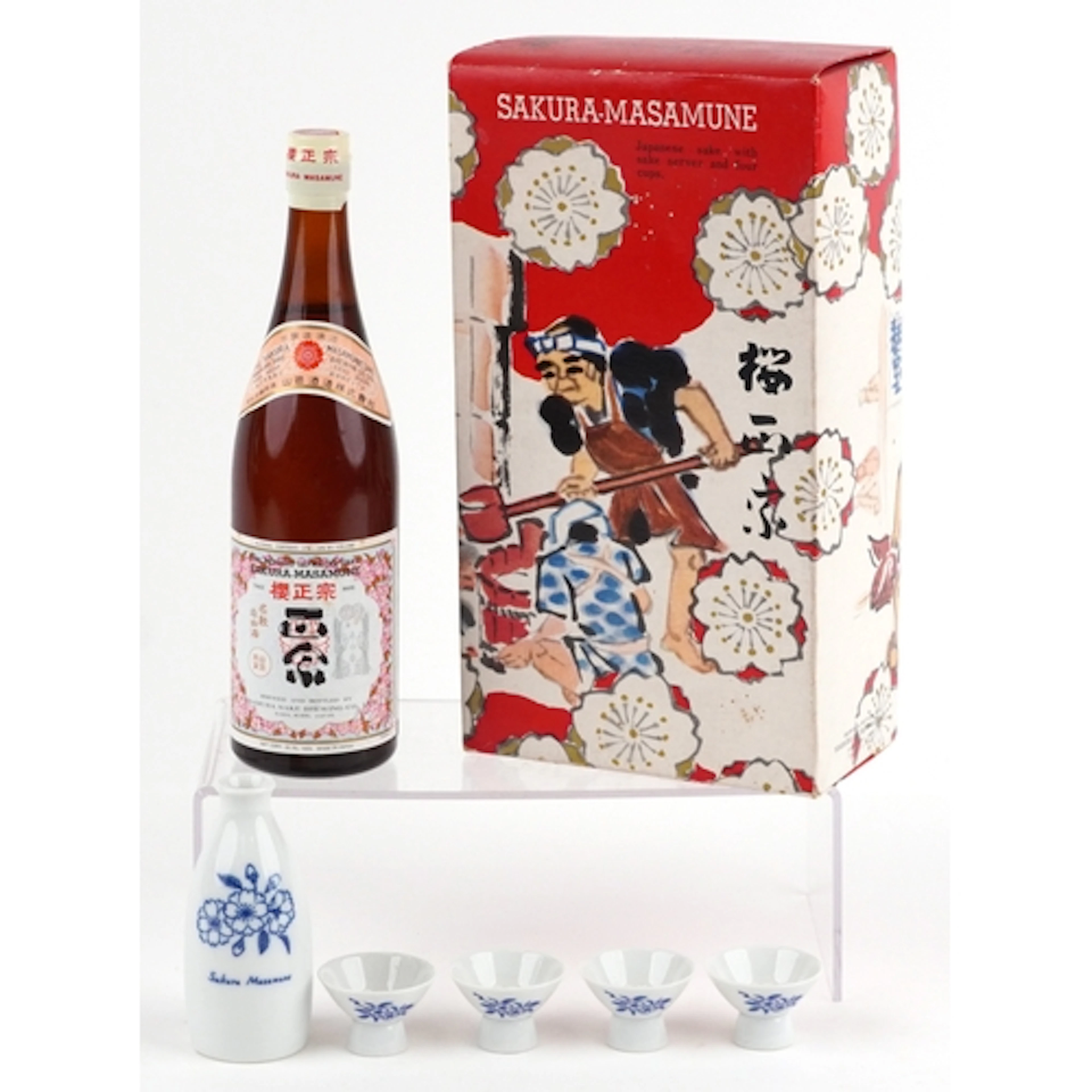 A bottle of Japanese Sakura-Masamune sake with a sake bottle...