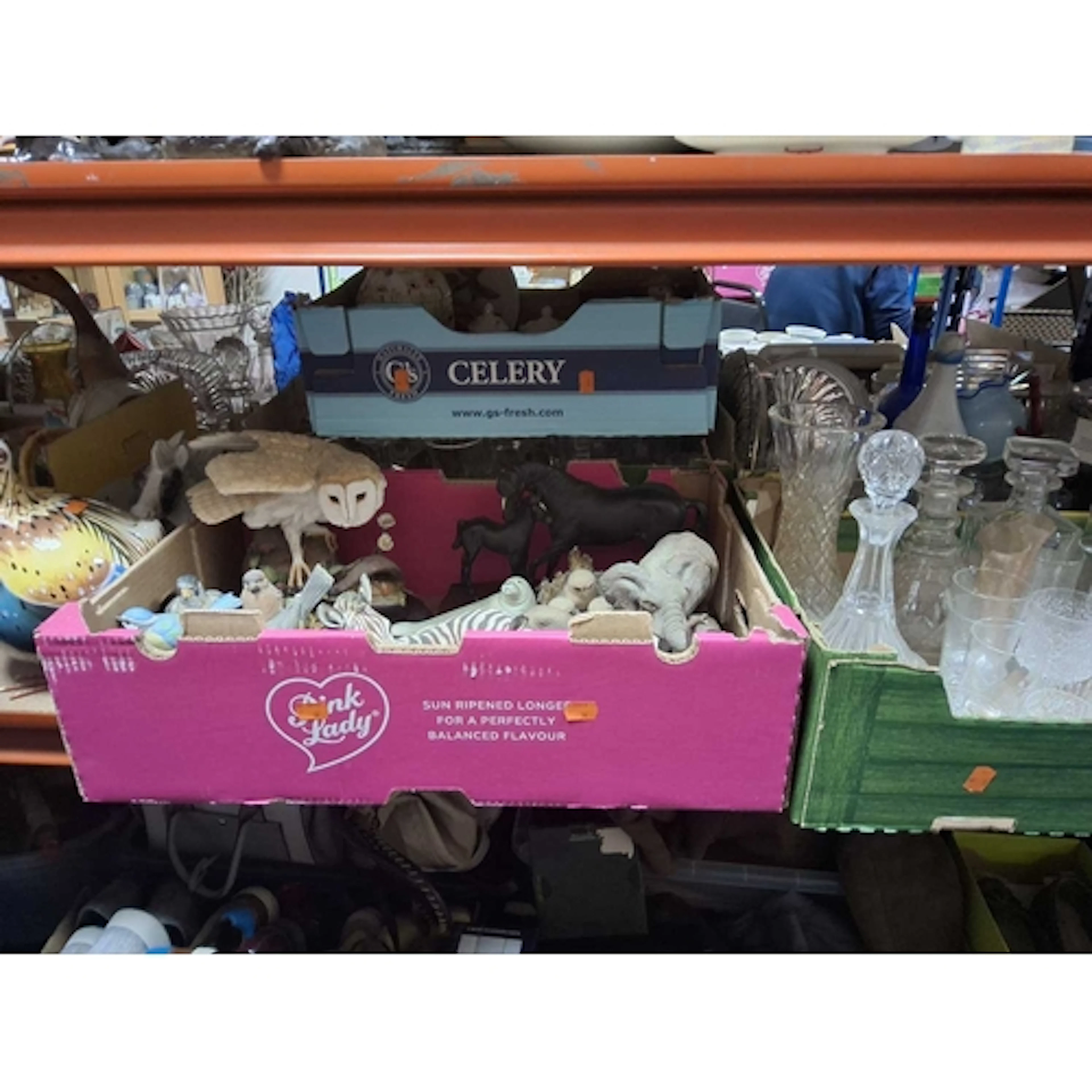FIVE BOXES OF GLASS AND ORNAMENTS to include a box of assort...