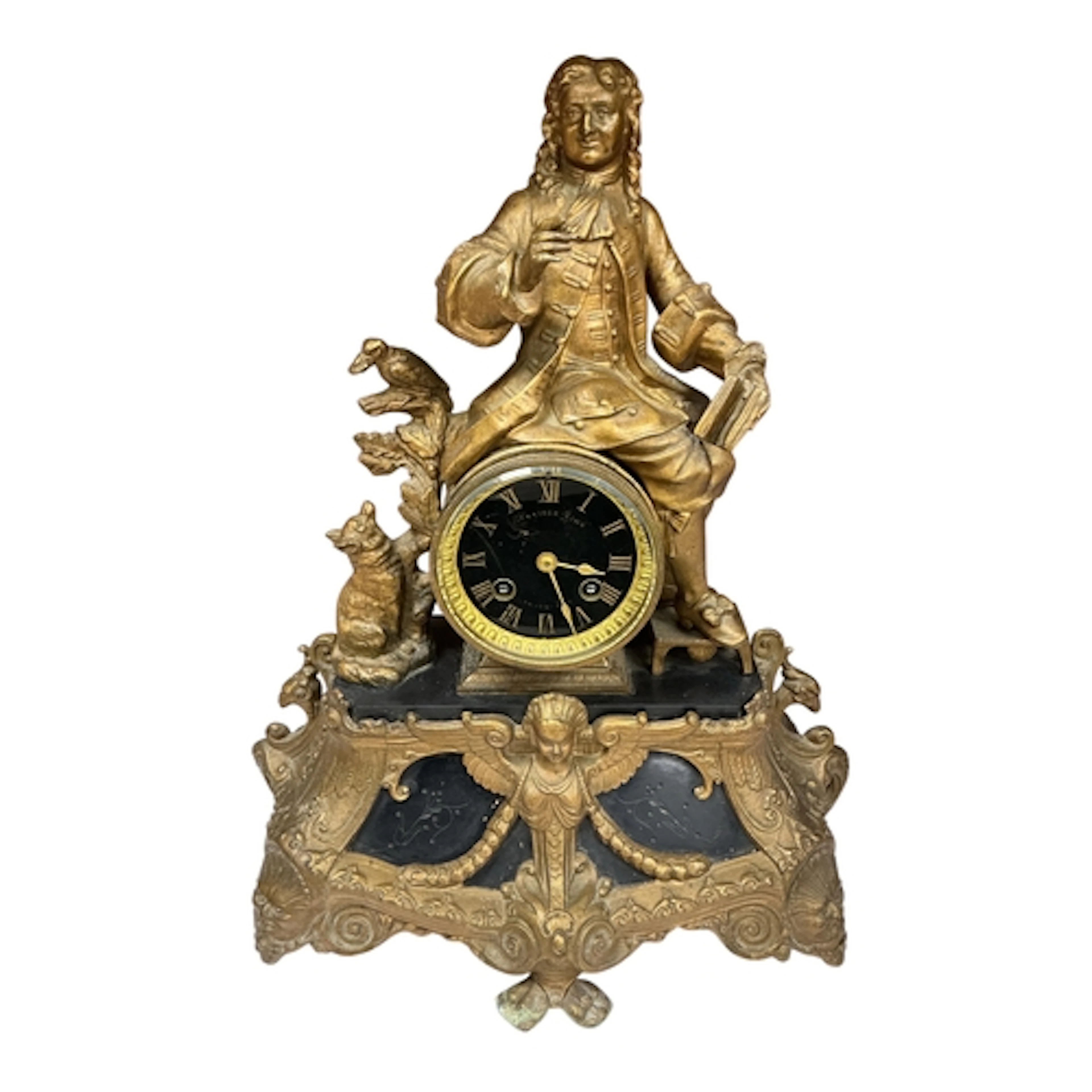 A French gilt metal mounted black slate figural mantel clock...