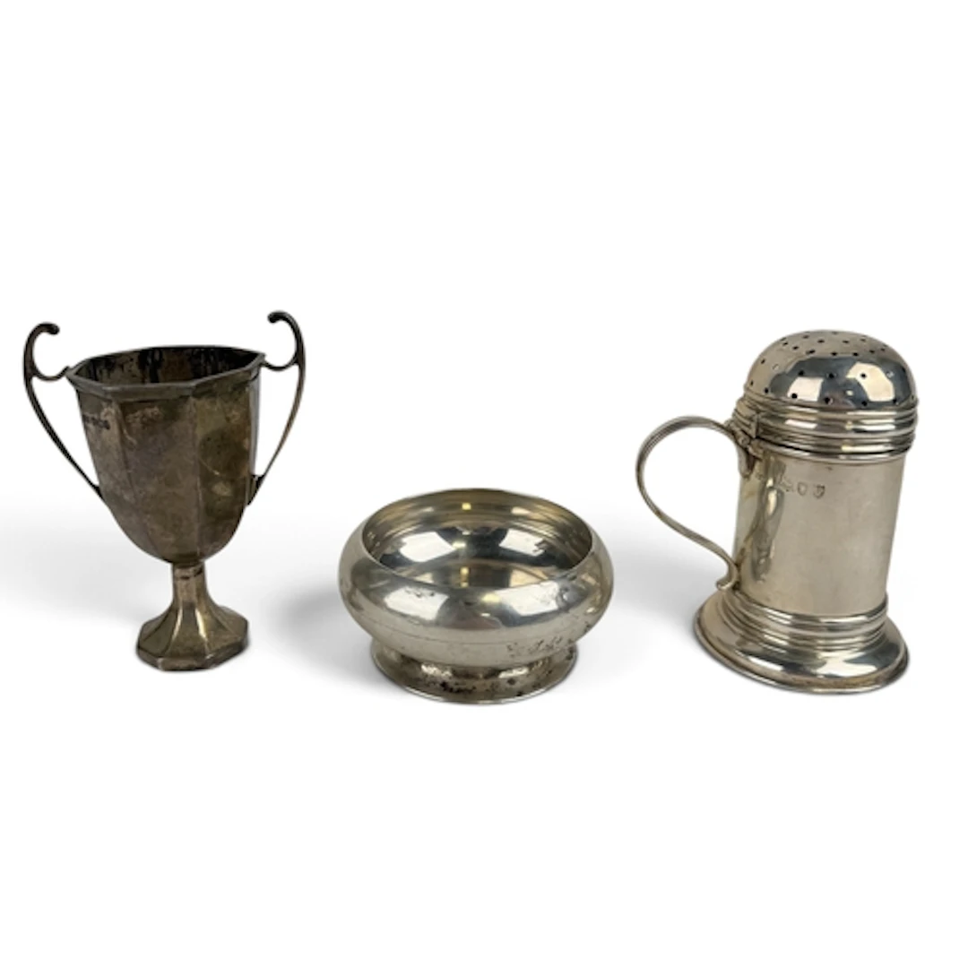 A VICTORIAN SILVER KITCHEN PEPPER, LONDON 1892, BON BON DISH...