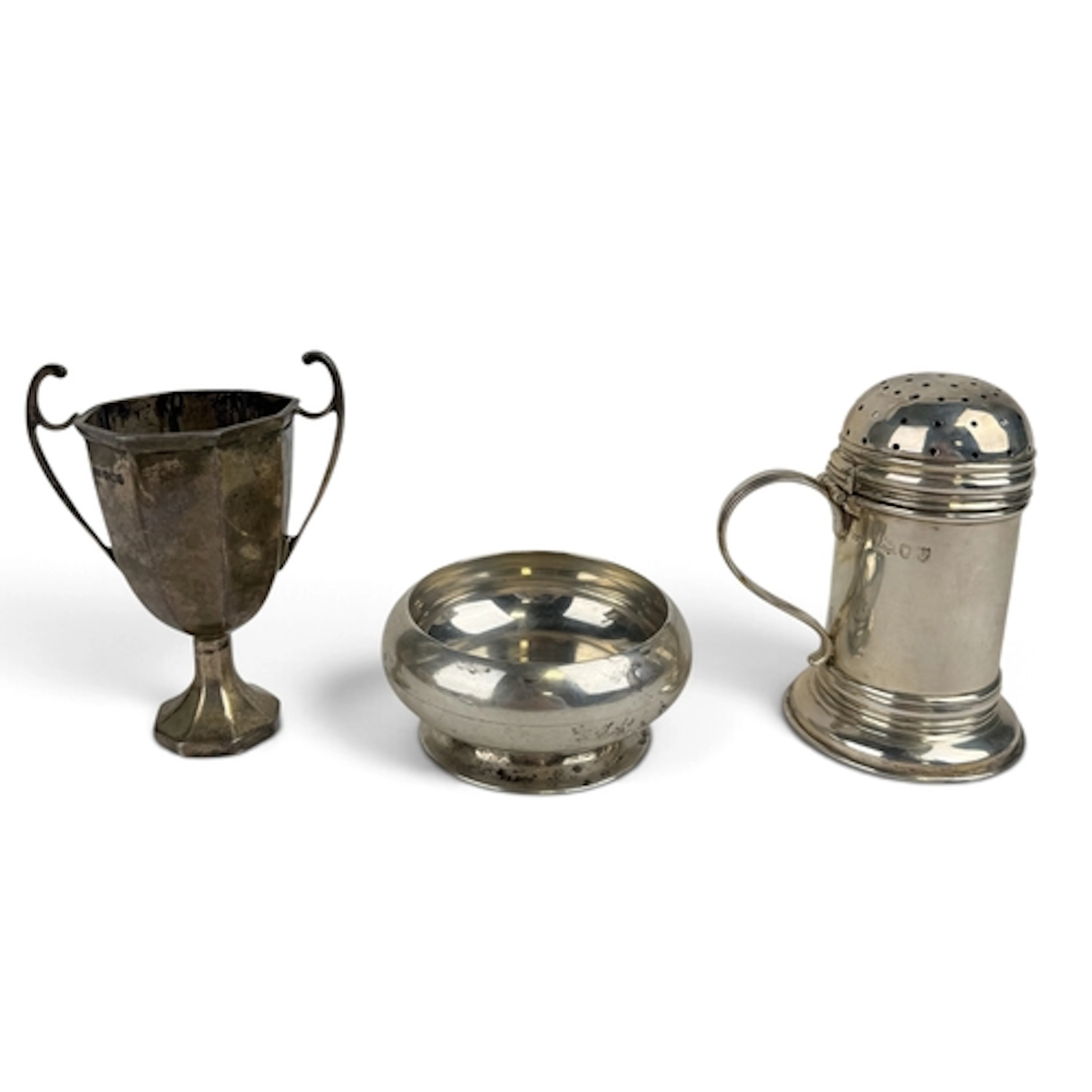 A VICTORIAN SILVER KITCHEN PEPPER, LONDON 1892, BON BON DISH...