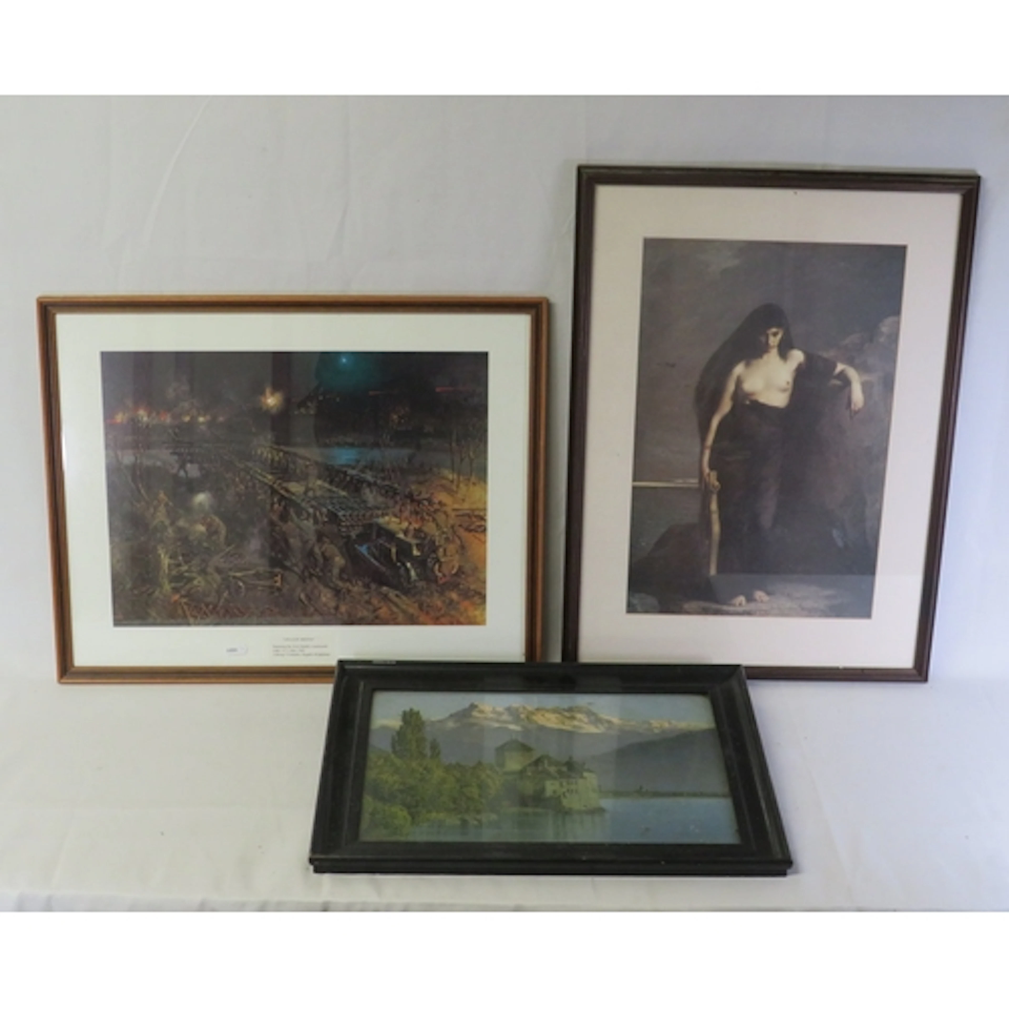 F/g Print Standing Woman, F/g print landscape scene with hou...