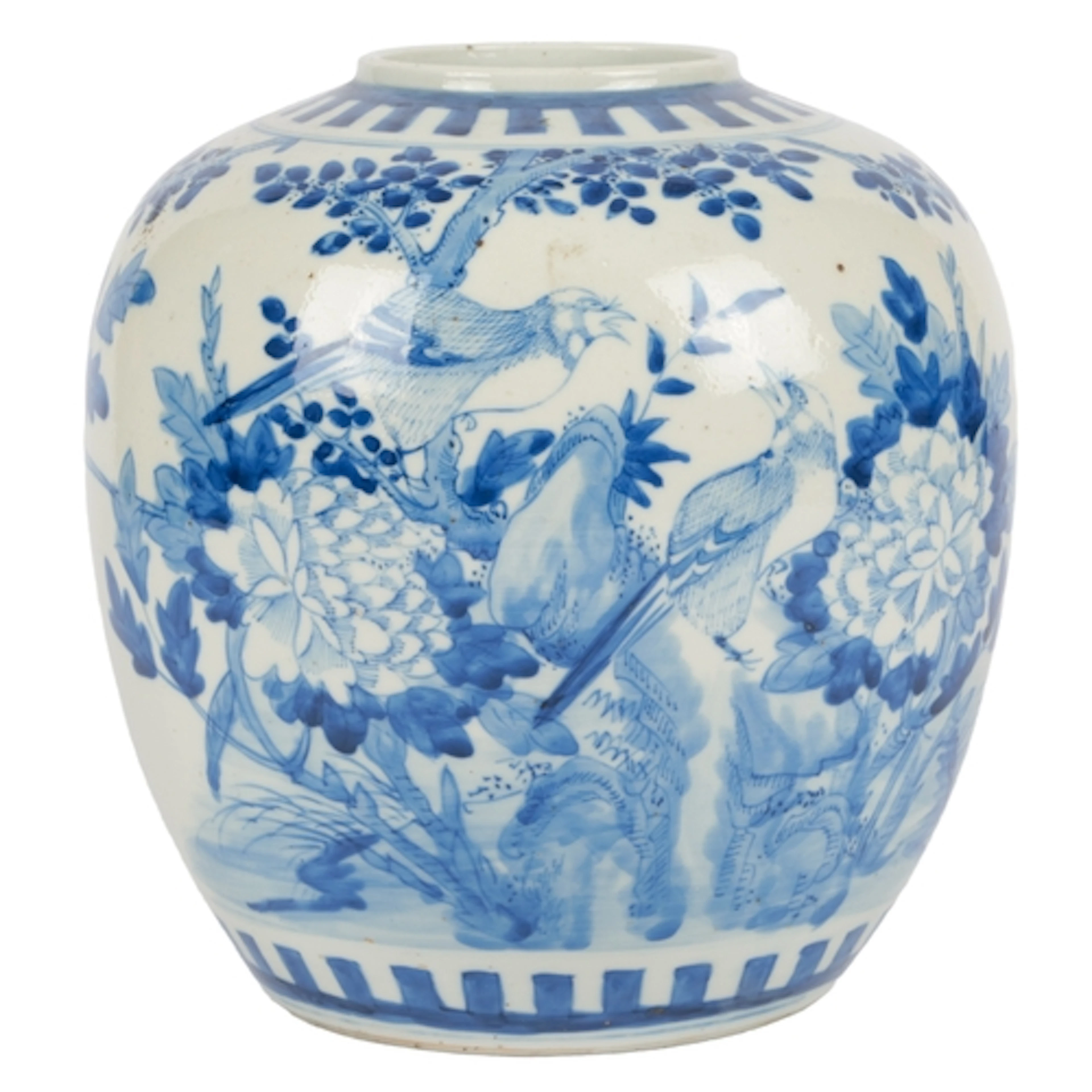 A Chinese blue and white ovoid jar, Kangxi mark but late 19t...