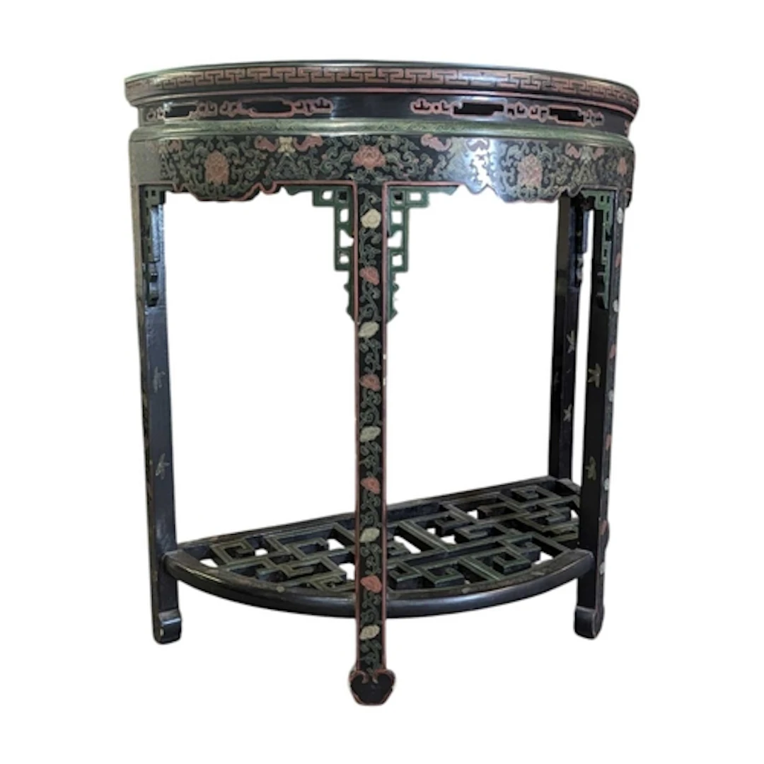 A 20th century Koreak lacquered hand painted demi lune conso...
