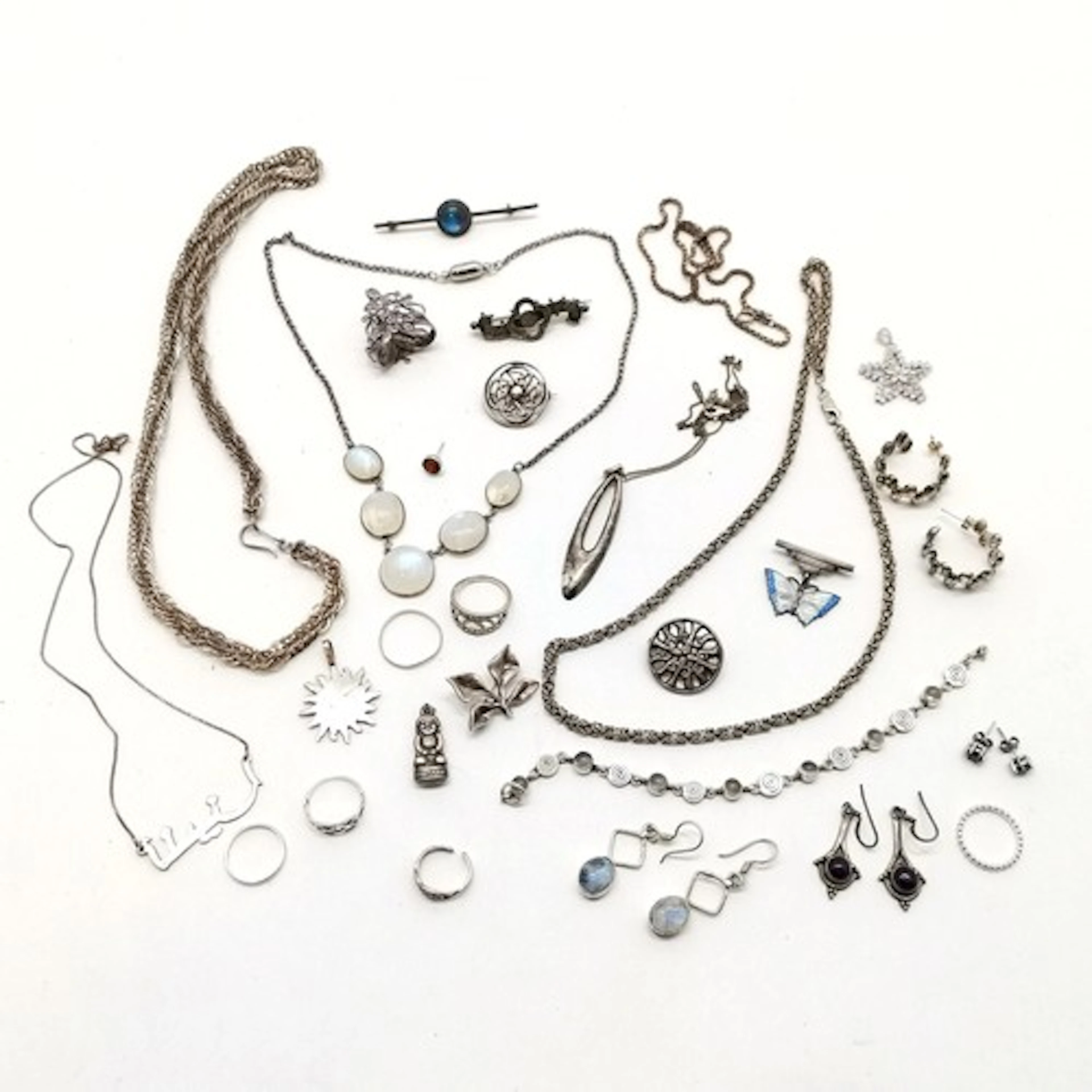 Qty of silver jewellery inc scarf ring, brooches (inc enamel...