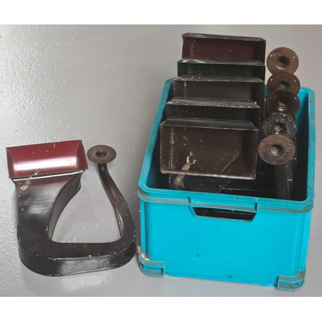 A collection of six HMV portable gramophone horns.