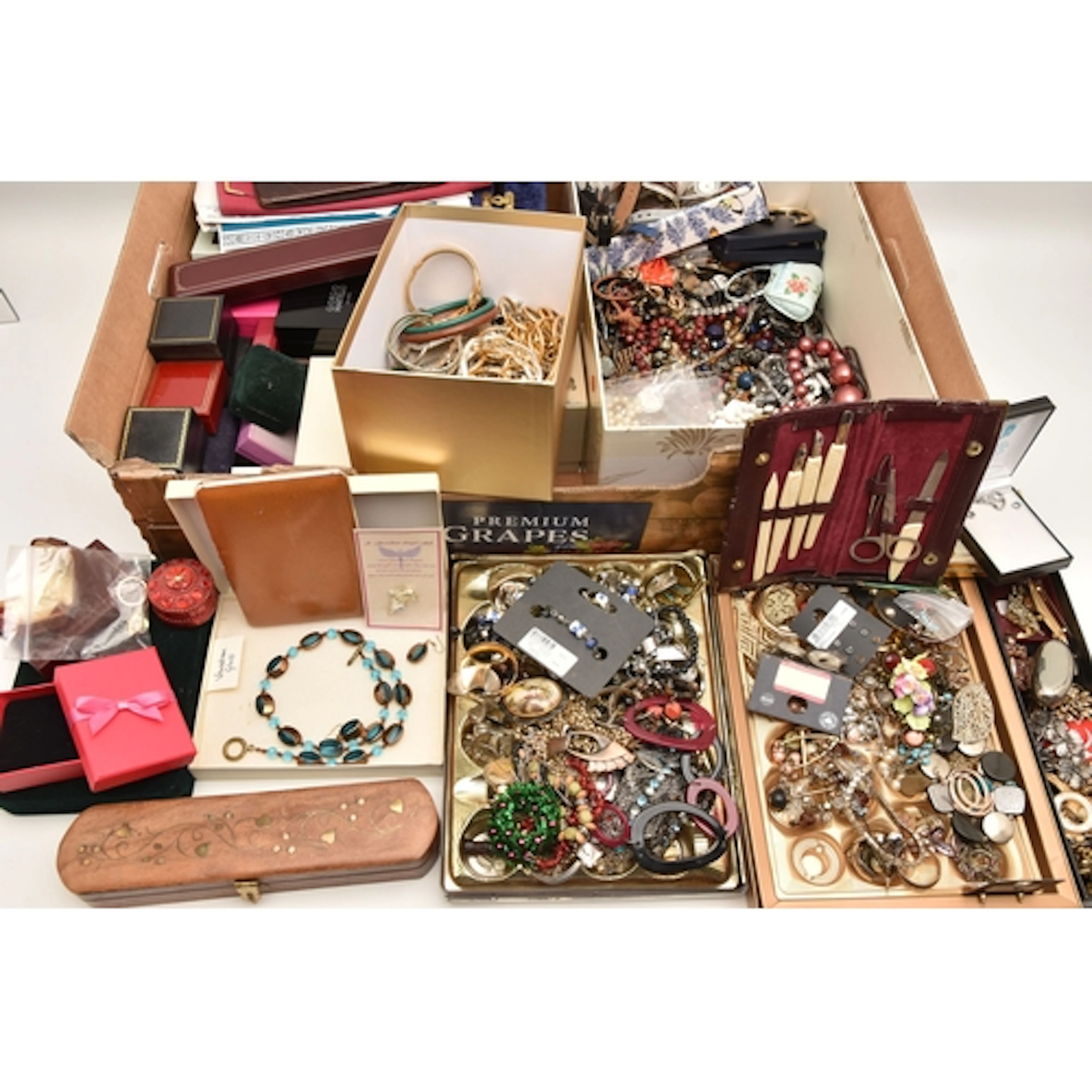 A BOX OF ASSORTED COSTUME JEWELLERY, to include an assortmen...