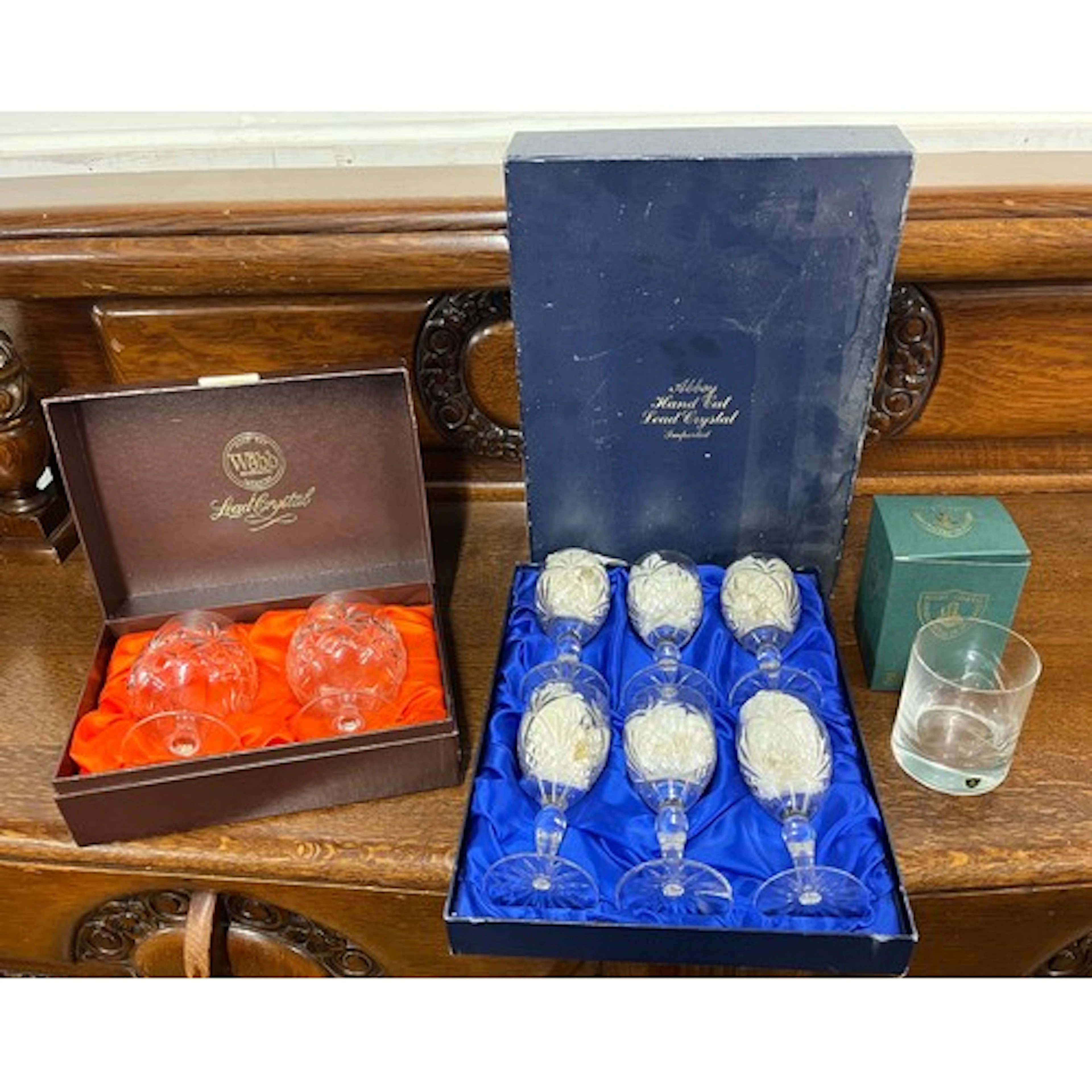 Burns crystal glass, Two crystal brandy goblets and six crys...