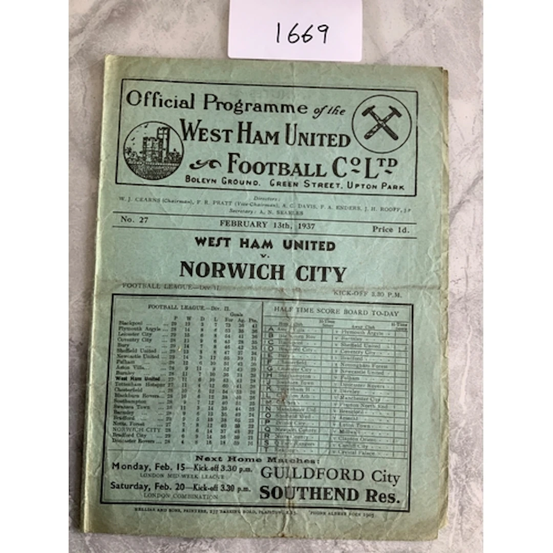36/37 West Ham v Norwich City Football Programme: Good condi...