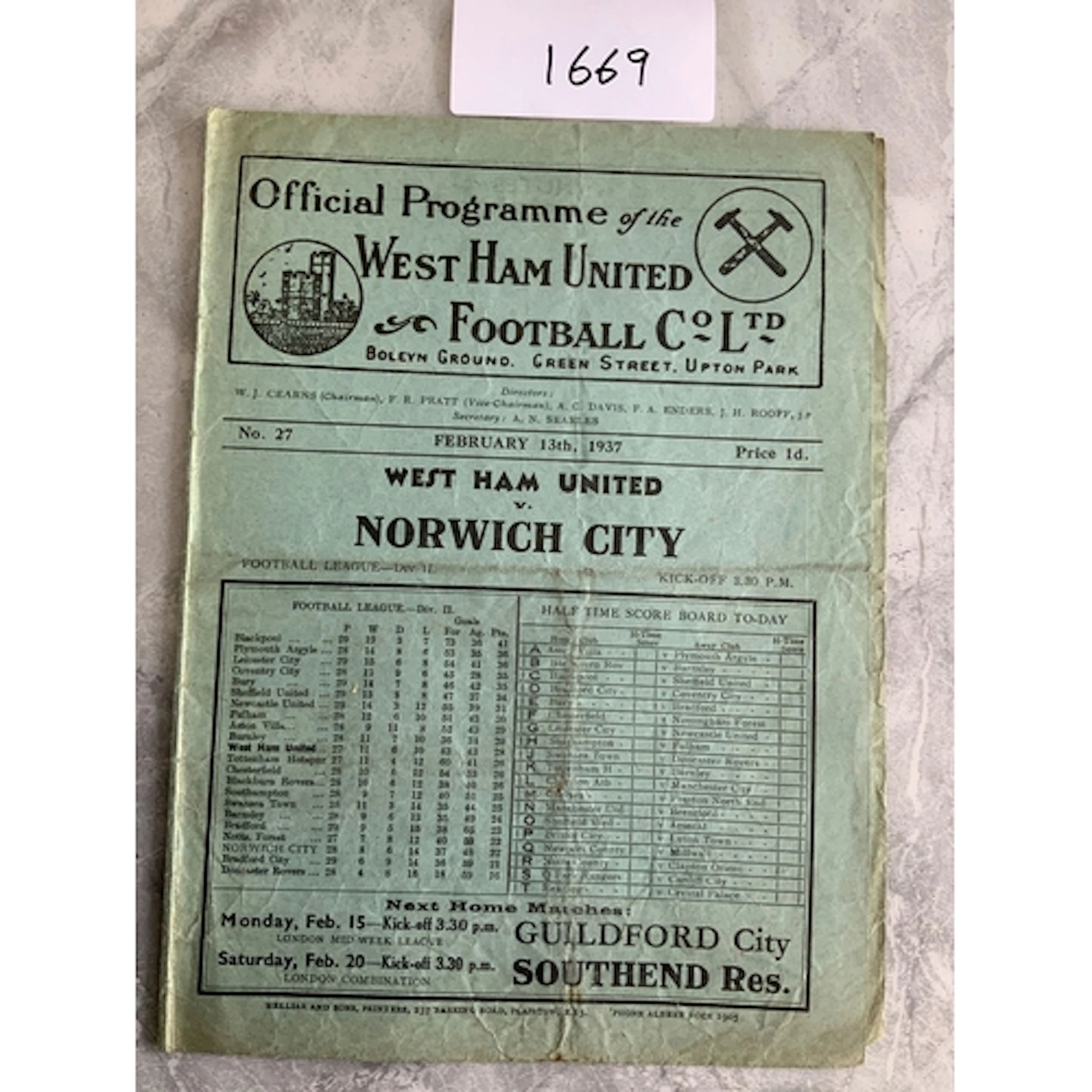 36/37 West Ham v Norwich City Football Programme: Good condi...
