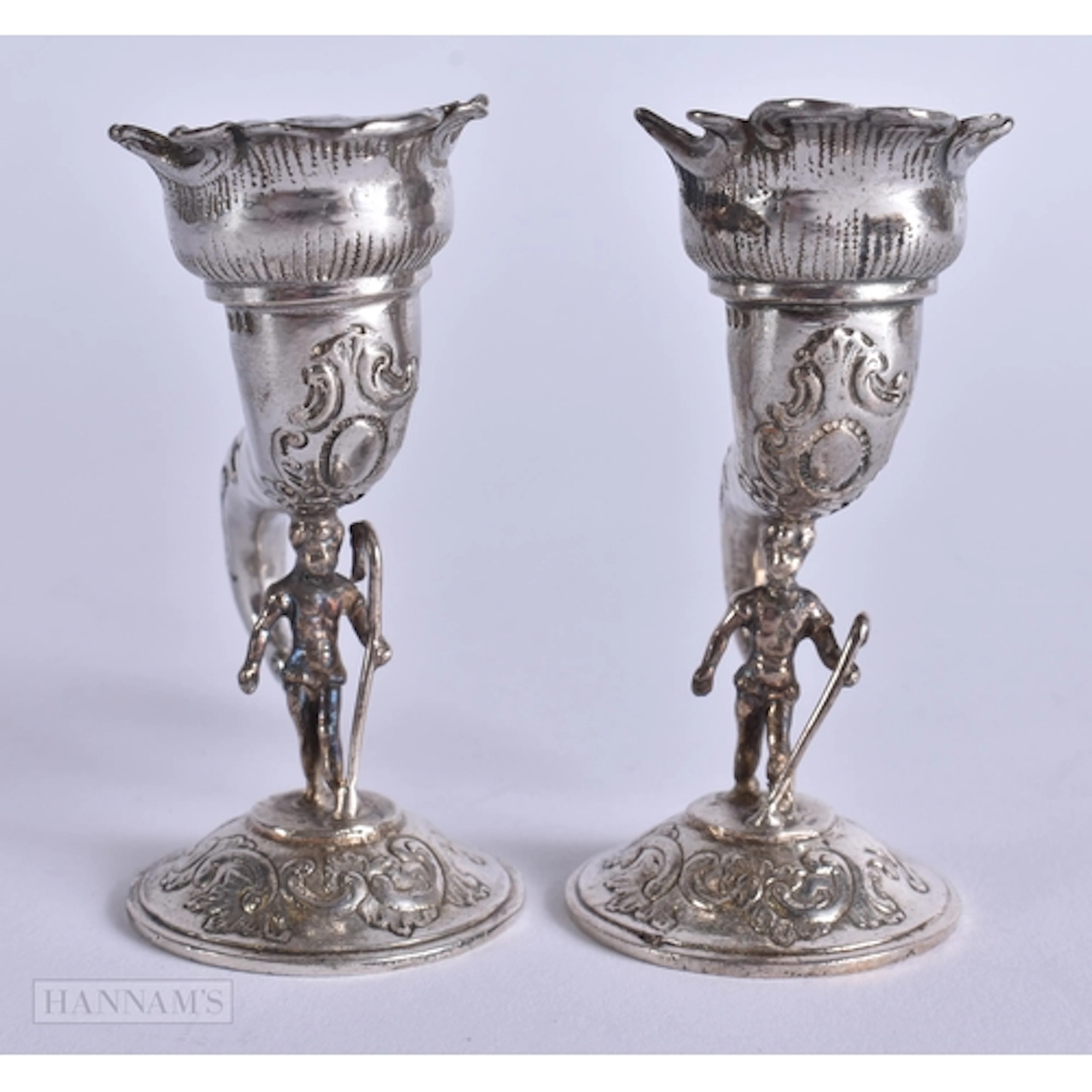 A PAIR OF VICTORIAN SILVER CORNUCOPIA CLASSICAL FIGURES. 105...
