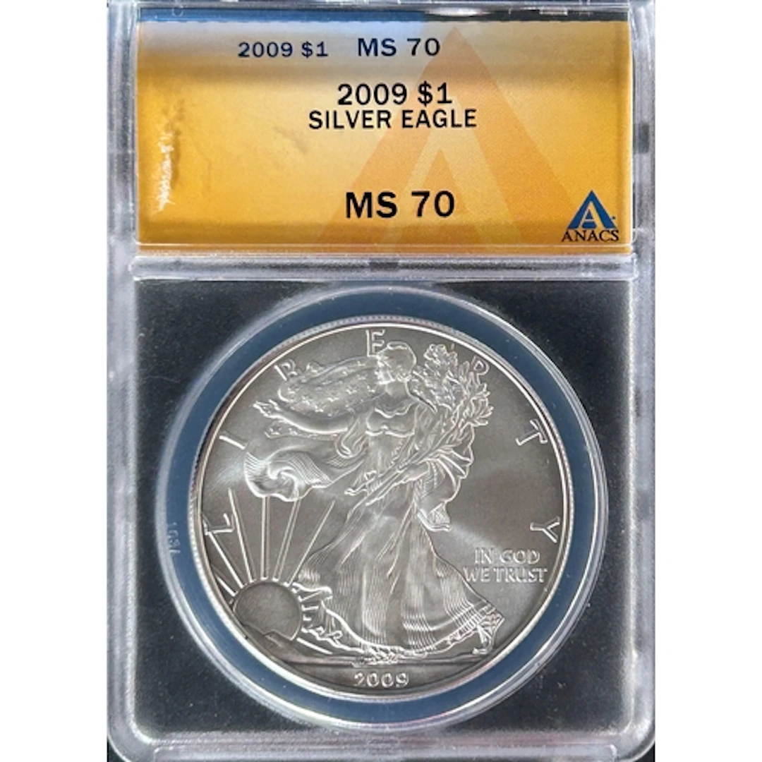 2009 USA $1 silver Eagle coin, slabbed and graded by A.N.A.C...