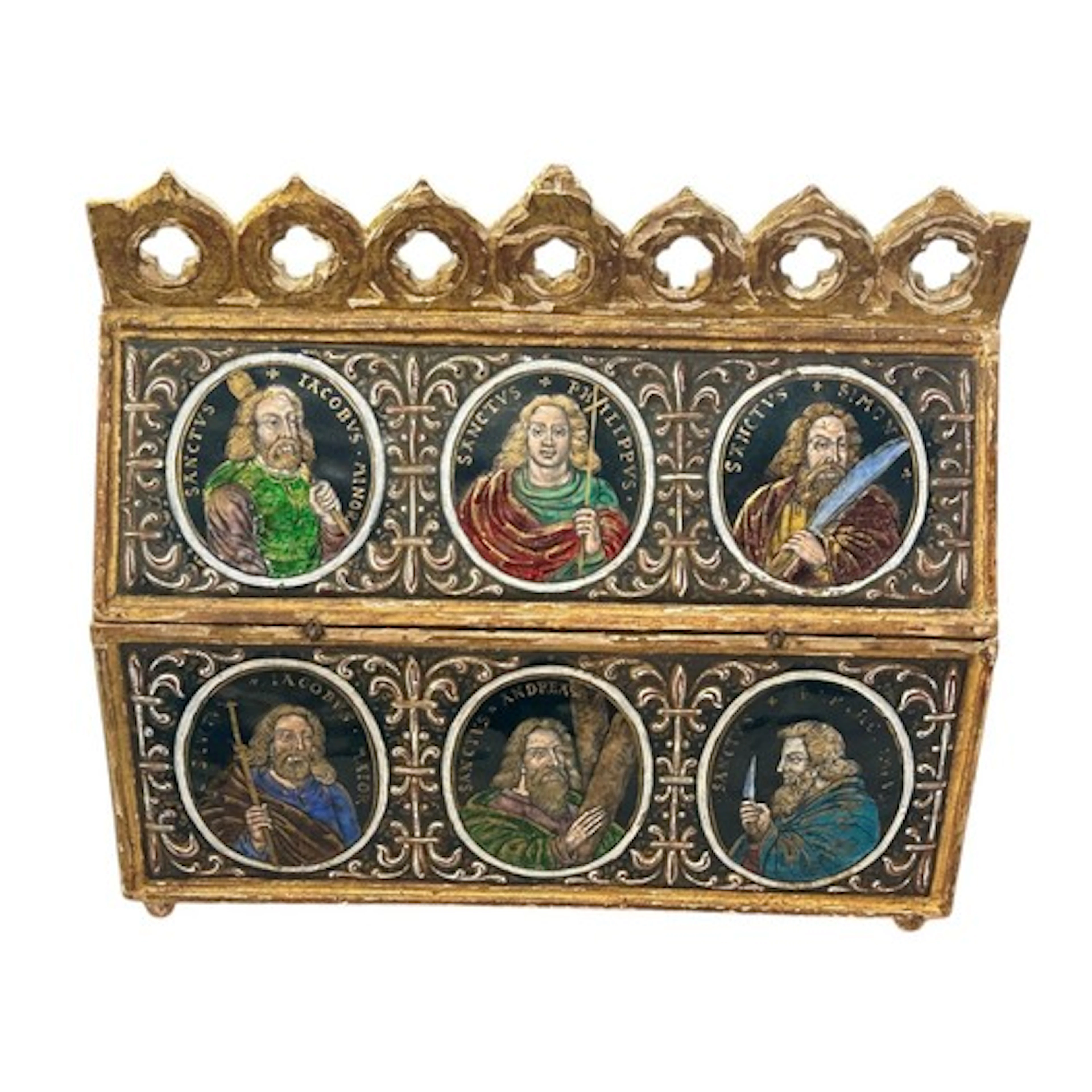 A fine 19th century gilt wood and enamel set casket or chase...