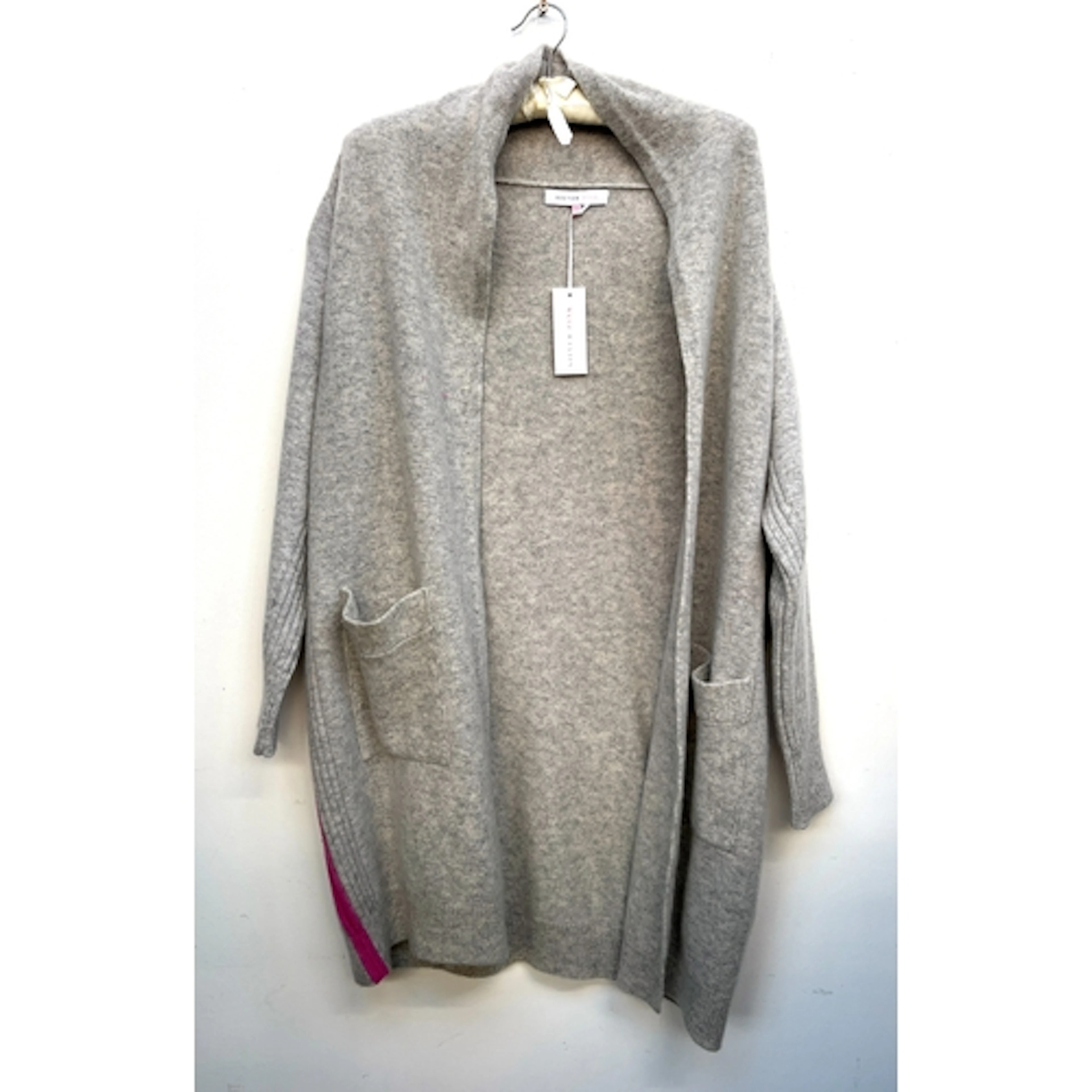 A Silverpink grey oversized cardigan with pink stripe detail...
