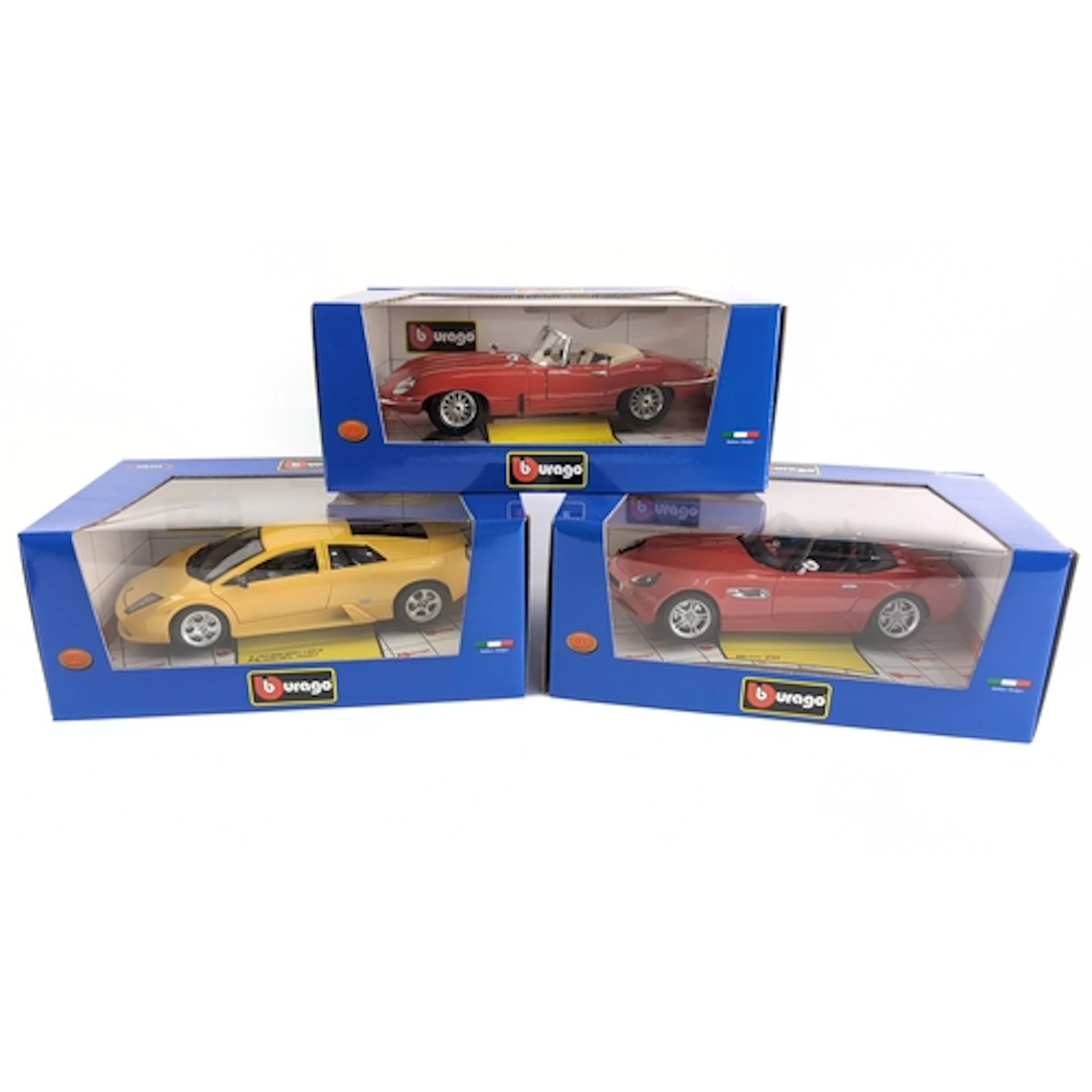 3 x Burago 1:18 scale die-cast model cars in display boxes: ...