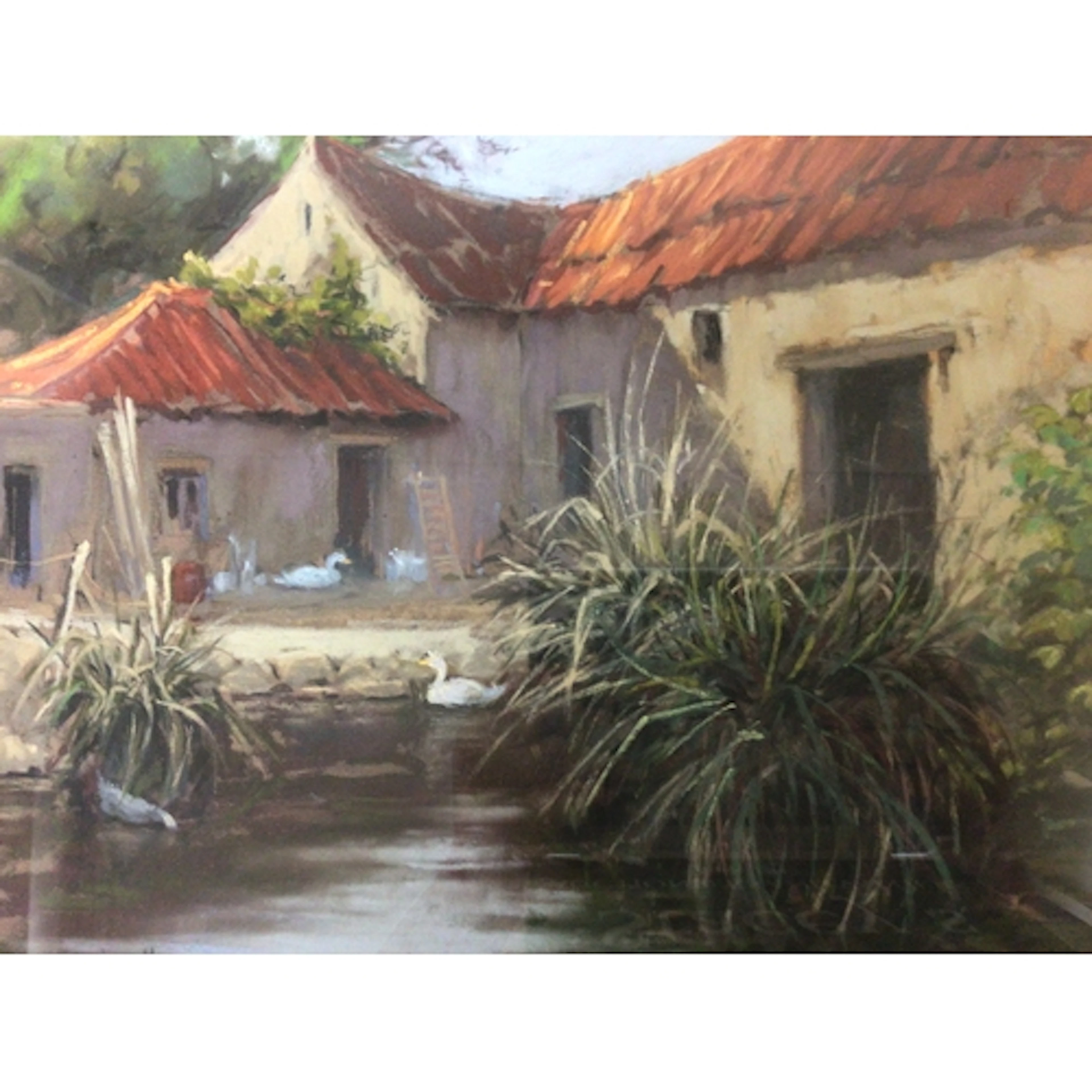 Four framed sketches and watercolours a view across a river ...