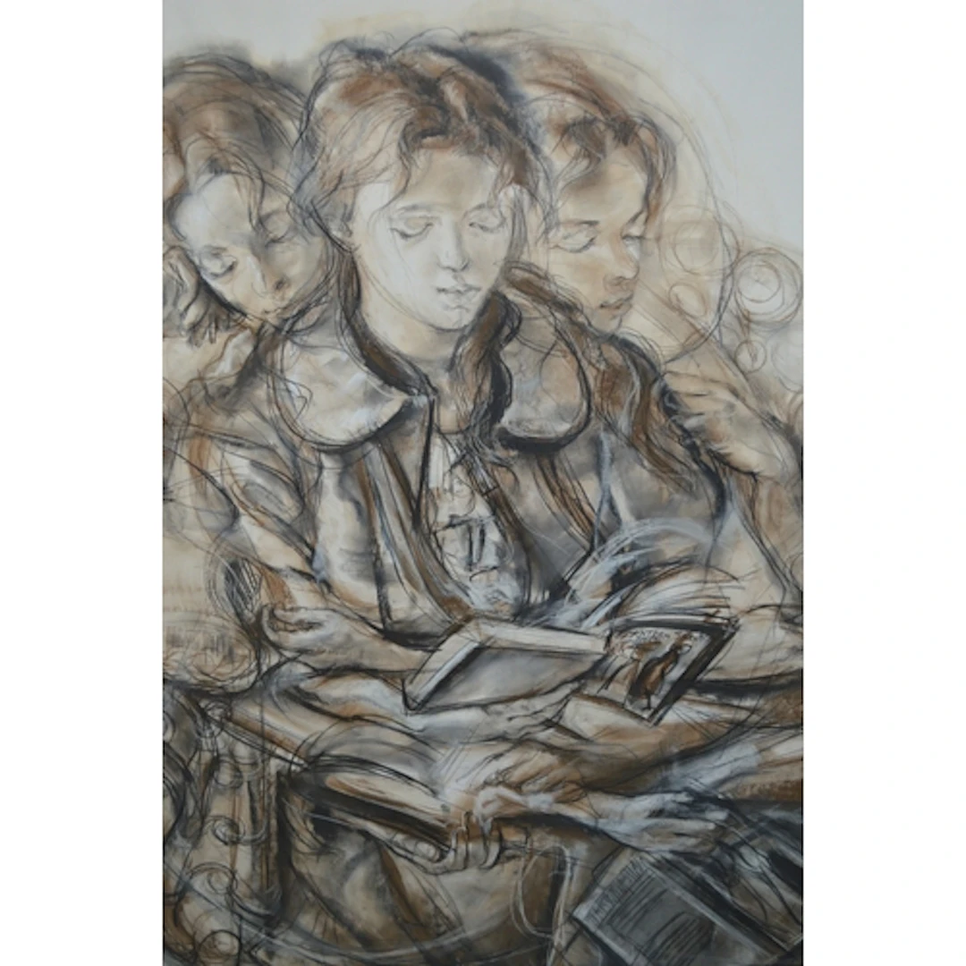 Sheldon C. Shonenberg, mixed media, three girls reading from...
