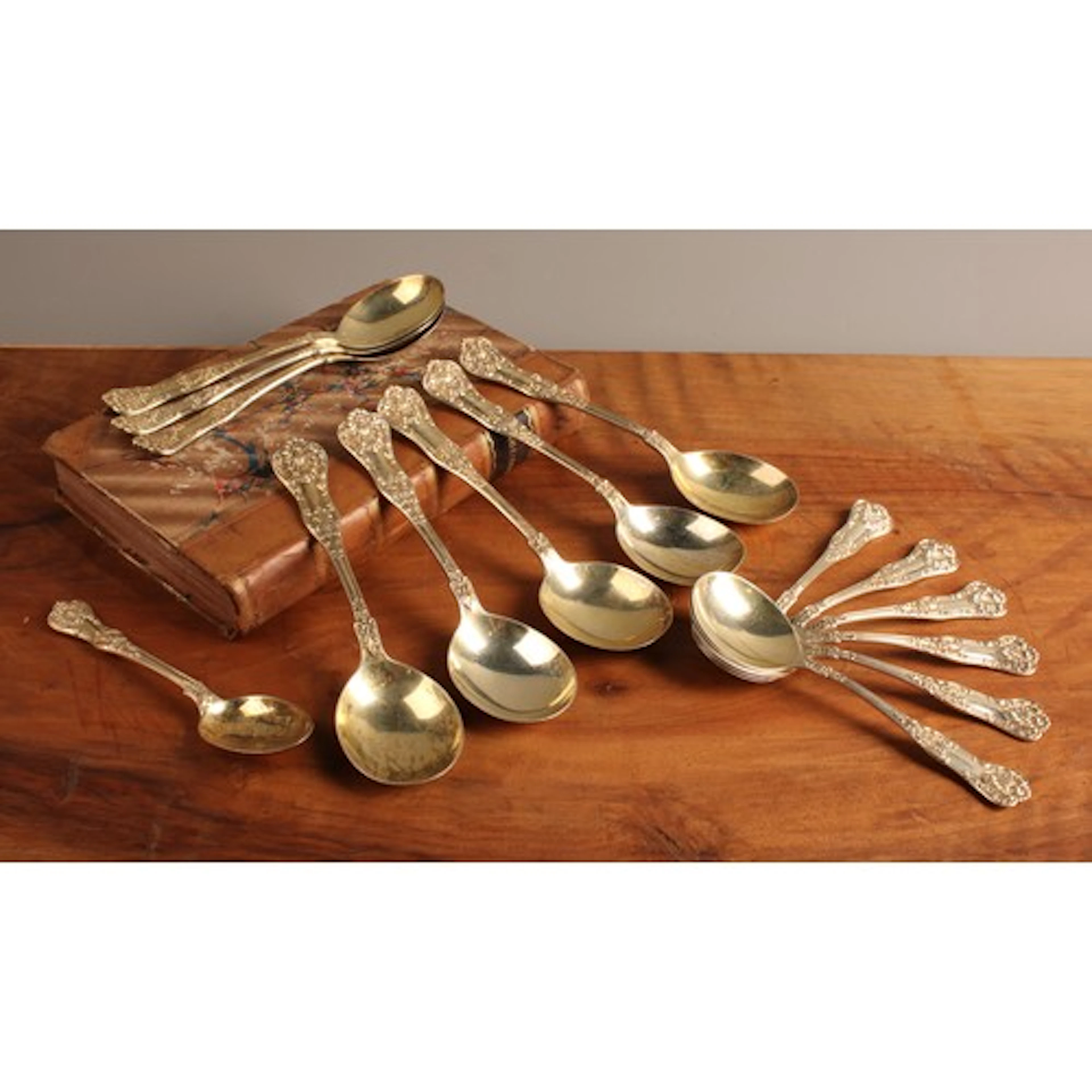 A set of eight 19th century American silver-gilt Queen's pat...
