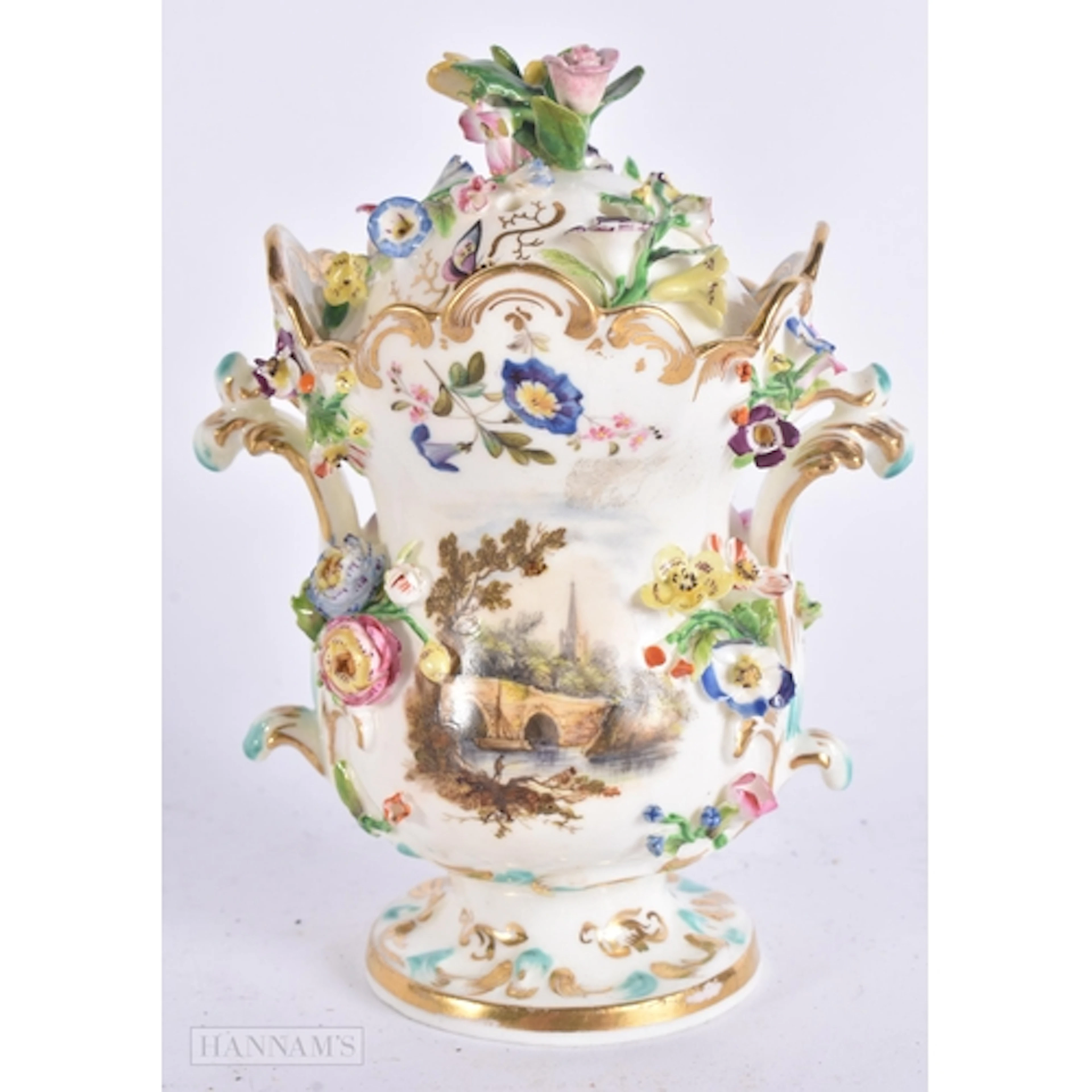 A MID 19TH CENTURY ENGLISH PORCELAIN ENCRUSTED POT POURRI AN...