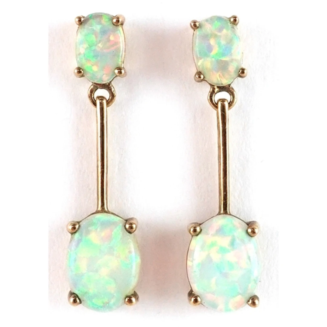 Pair of 9ct gold opal drop earrings, 2.4cm high, 1.7g.
