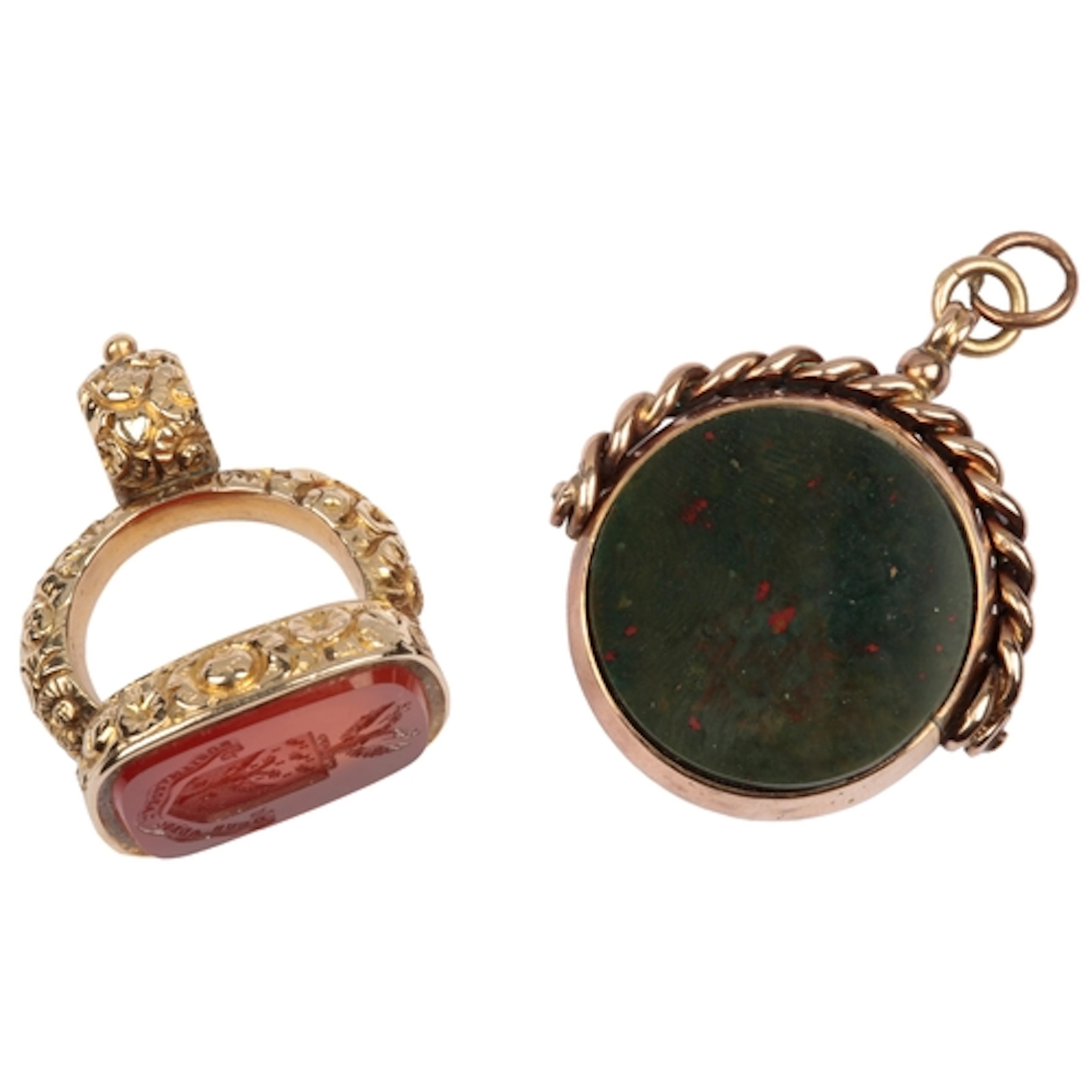 Two gold fob seals, 19th century, comprising: one swivel fob...