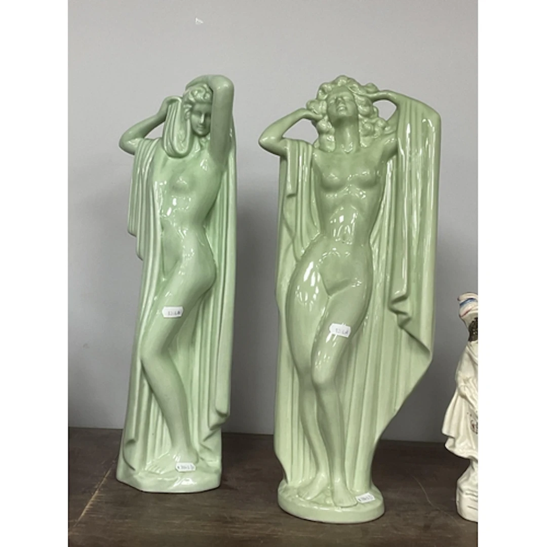 A Pair of Art Deco-Style Pale Green Glazed Ceramic Figures o...