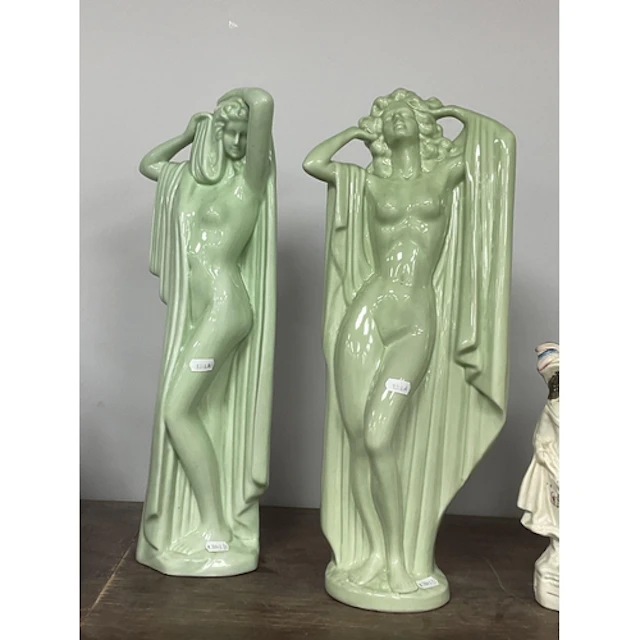 A Pair of Art Deco-Style Pale Green Glazed Ceramic Figures o...