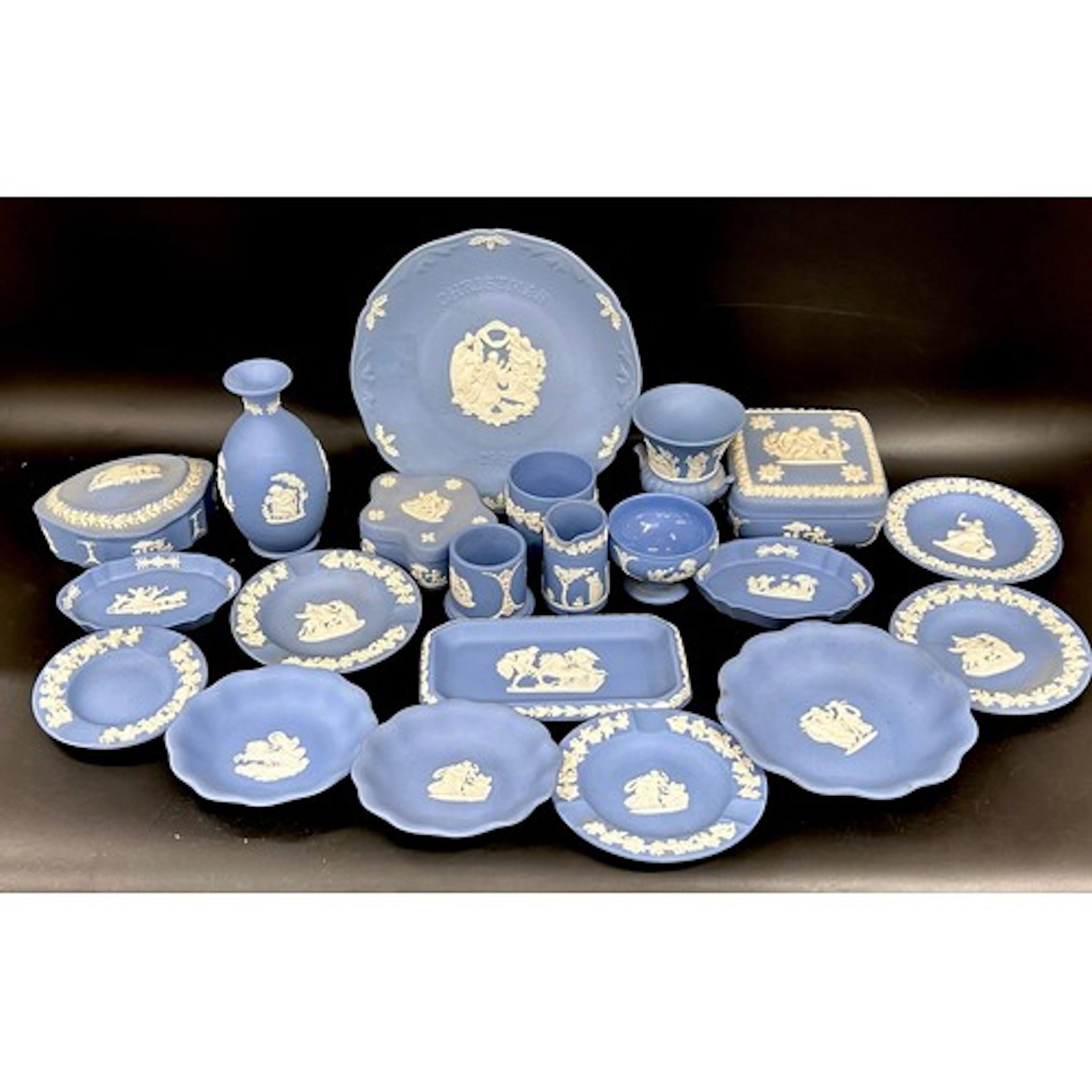 A collection of Wedgwood Jasperware, blue and white vases, d...