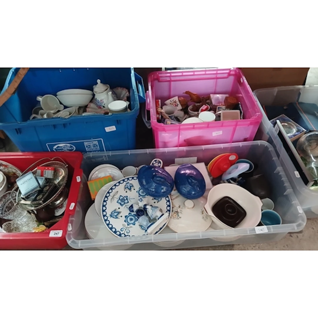 5 boxes of mixed ceramics etc and glass to include Delft, Me...