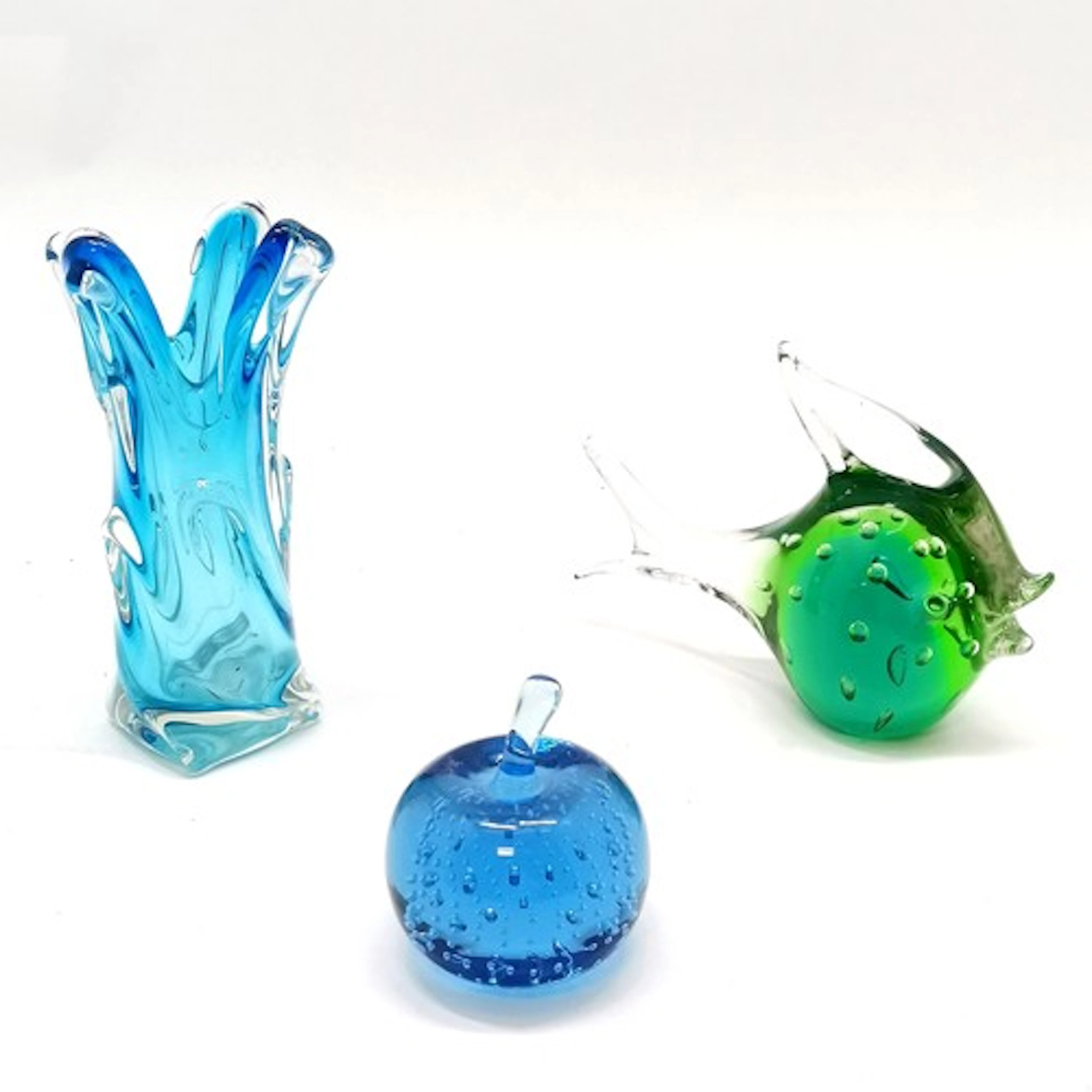 Vintage Murano Seguso blue vase 19cm high, glass fish 13cm h...