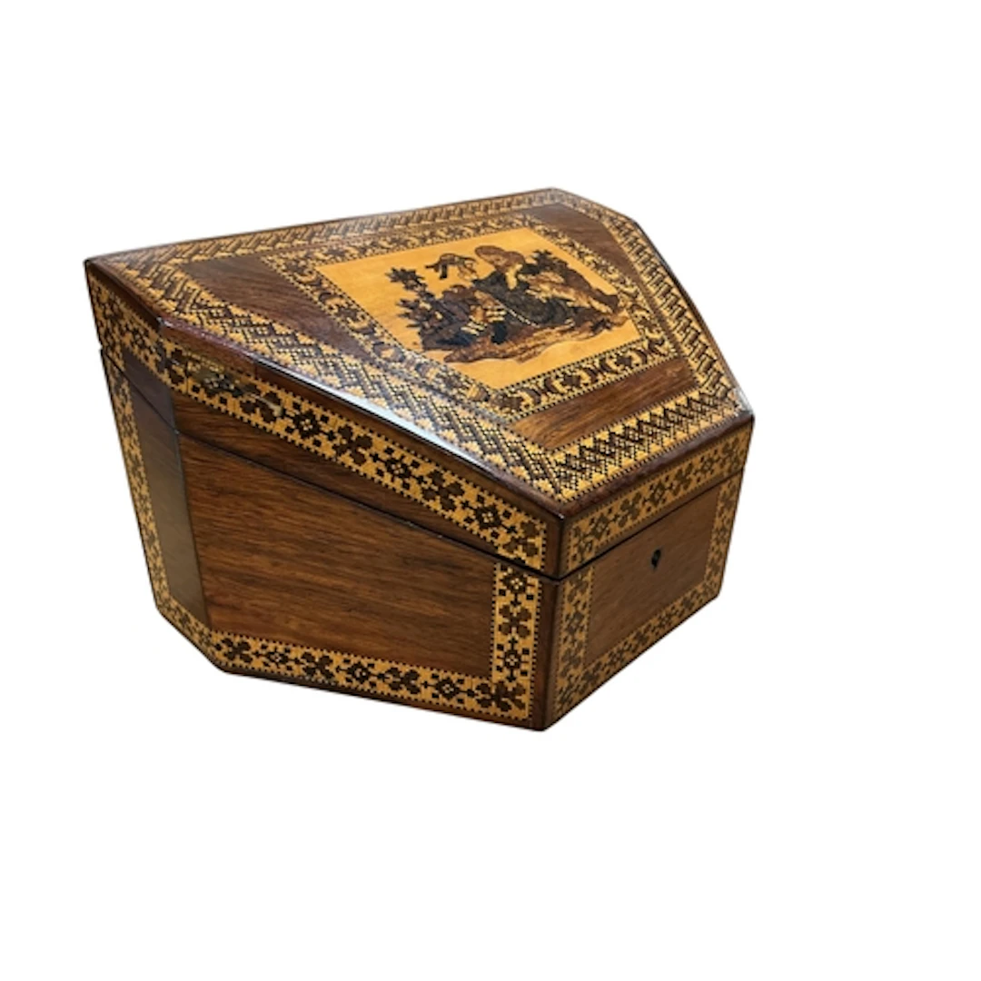 A Victorian Tunbridge ware wedge-shaped rosewood stationery ...