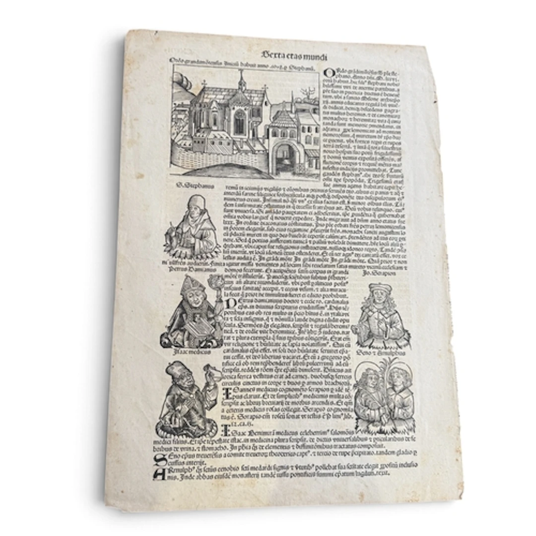 A SINGLE DOUBLE SIDED PAGE OF THE NUREMBERG CHRONICLE 43cm x...
