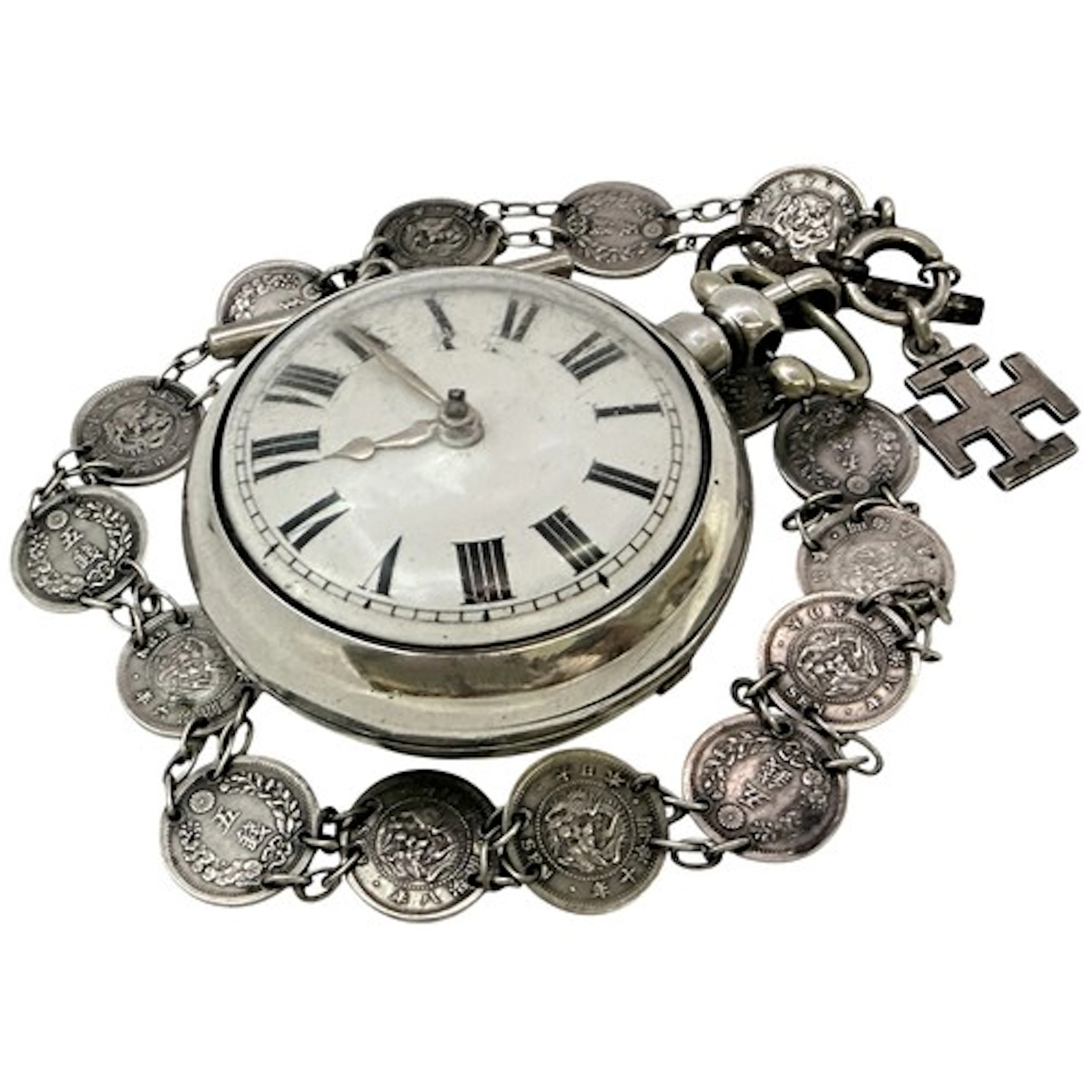 A silver cased verge timepiece/pocket watch, the white dial ...