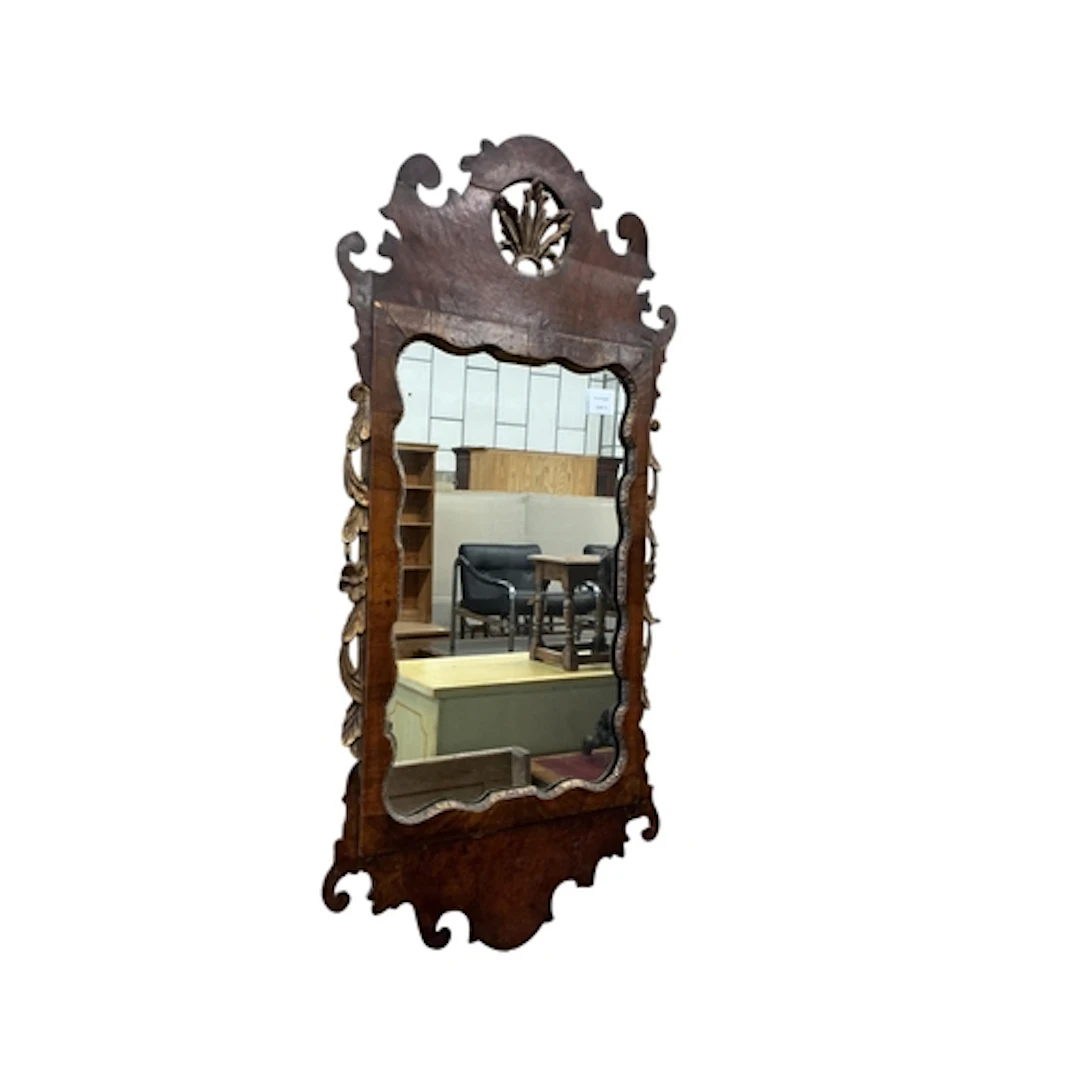 A George II-style walnut mirror, width 48cm, height 97cm...