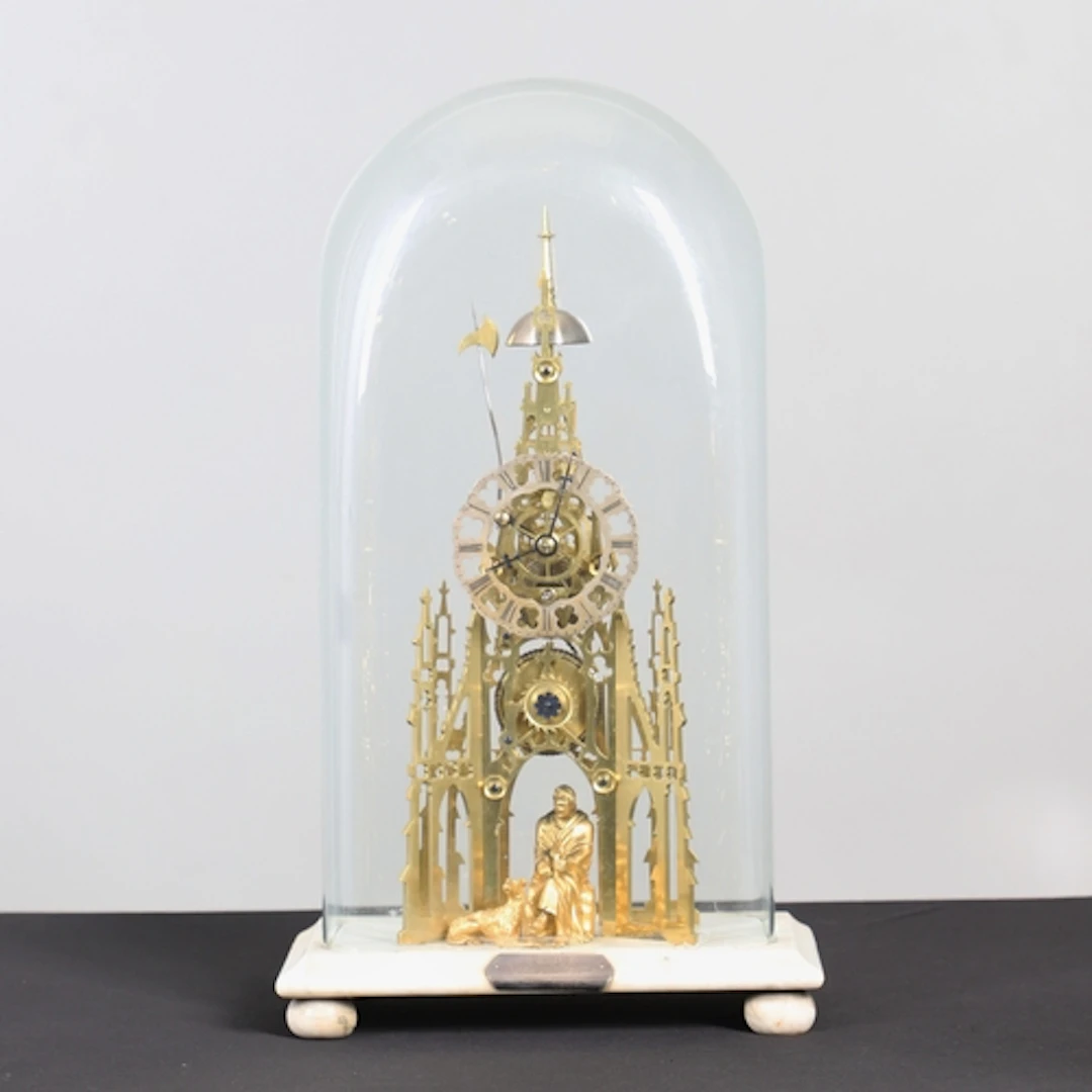 A VICTORIAN GOTHIC REVIVAL 'SIR WALTER SCOTT' SKELETON CLOCK...