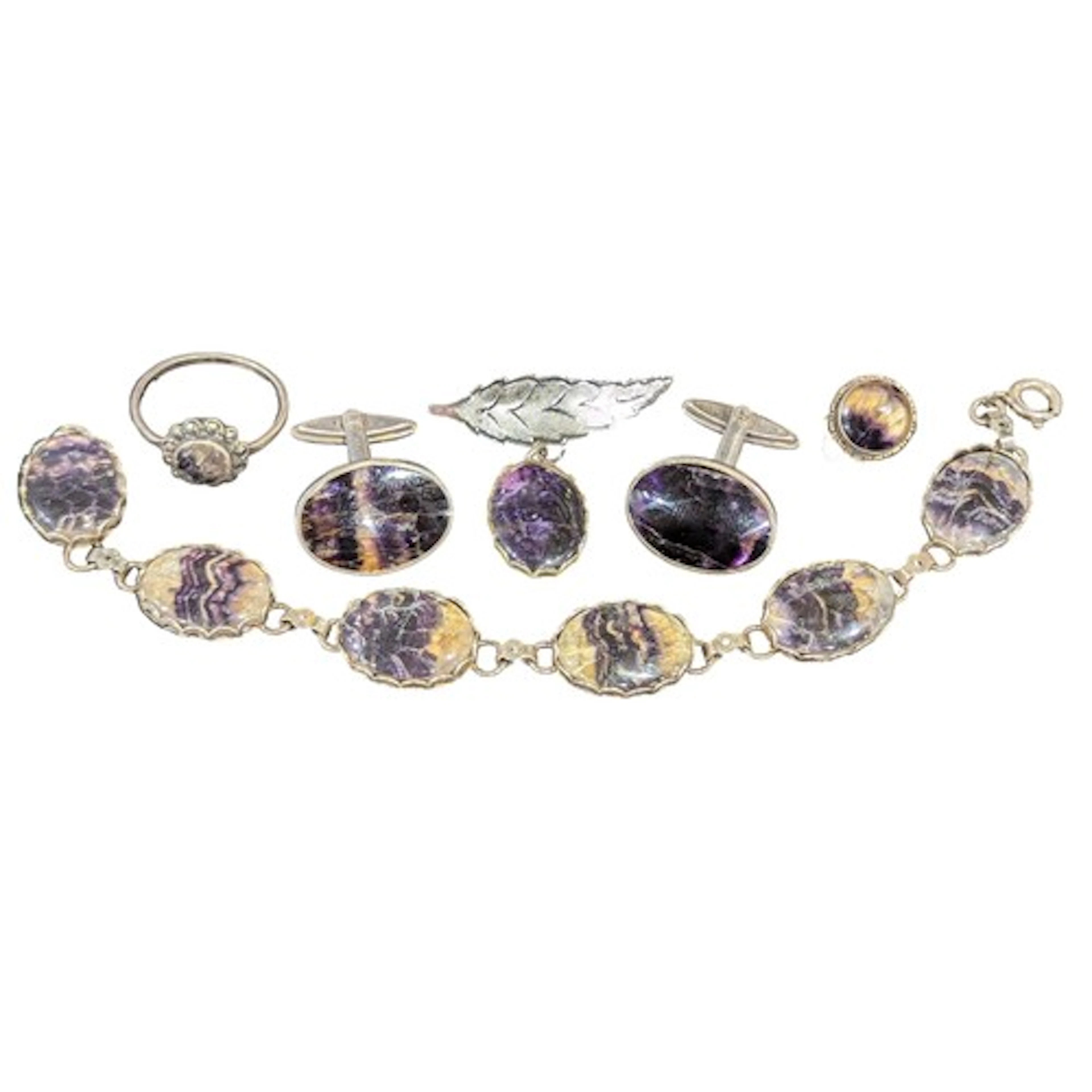 A sterling silver mounted Derbyshire Blue John bracelet, con...