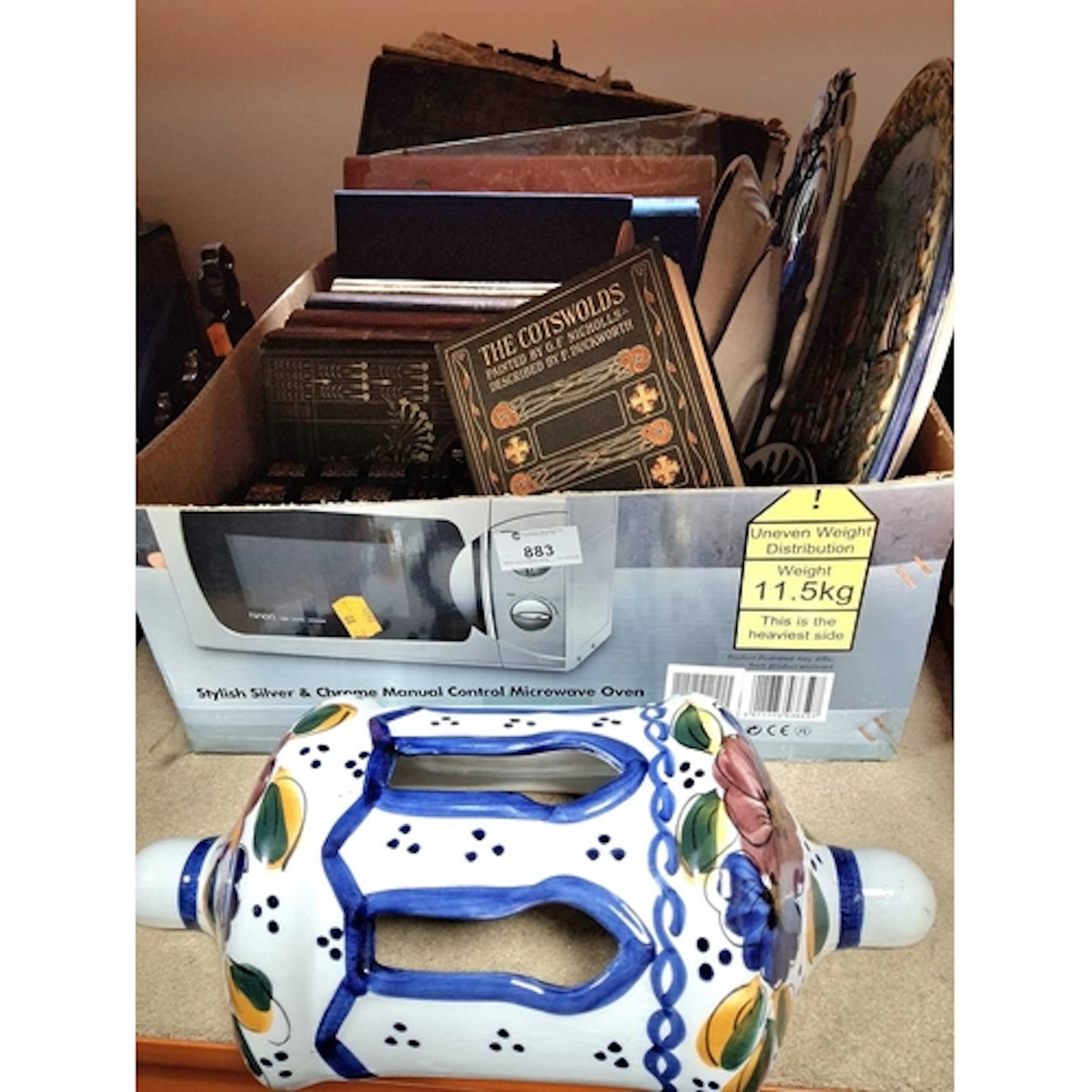 A BOX OF BOOKS AND CERAMICS, to include A & C Black gilt...